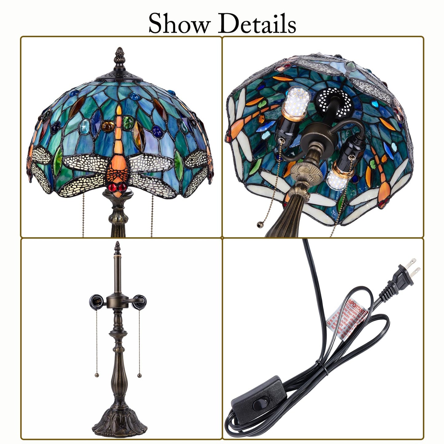 Radtiff Tiffany Table Lamp,12 inch Stained Glass Style Dragonfly Antique Reading Light for Bedside Living Room Office Decor Home,Included Two LED Bulb