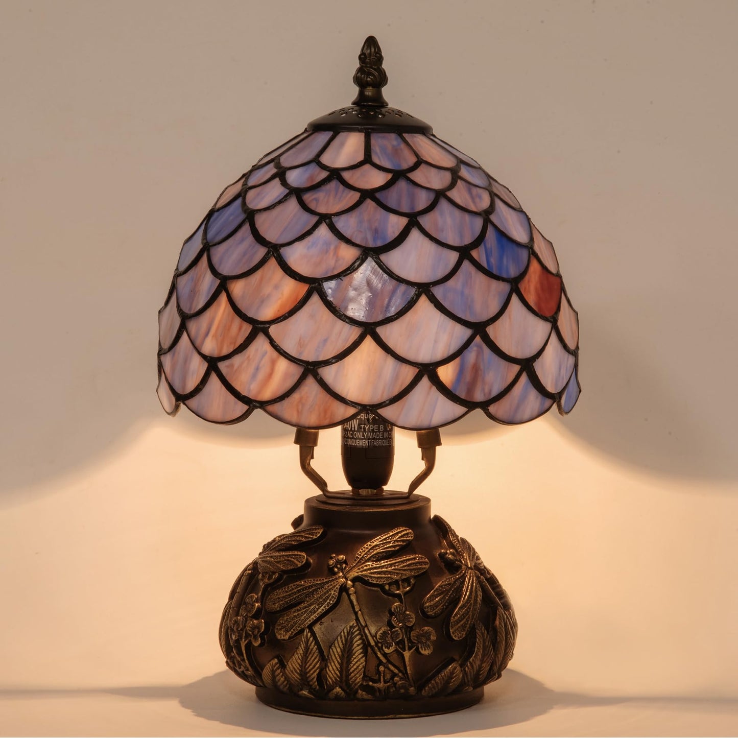 GILGGAK Tiffany Style Table Lamp, Gradient Stained Glass Wisteria Desk Lamp with Antique Bronze Dragonfly Resin Base, Vintage Accent Bedside Light for Bedroom Living Room 8x12 Inch (Blue Fish Scales)