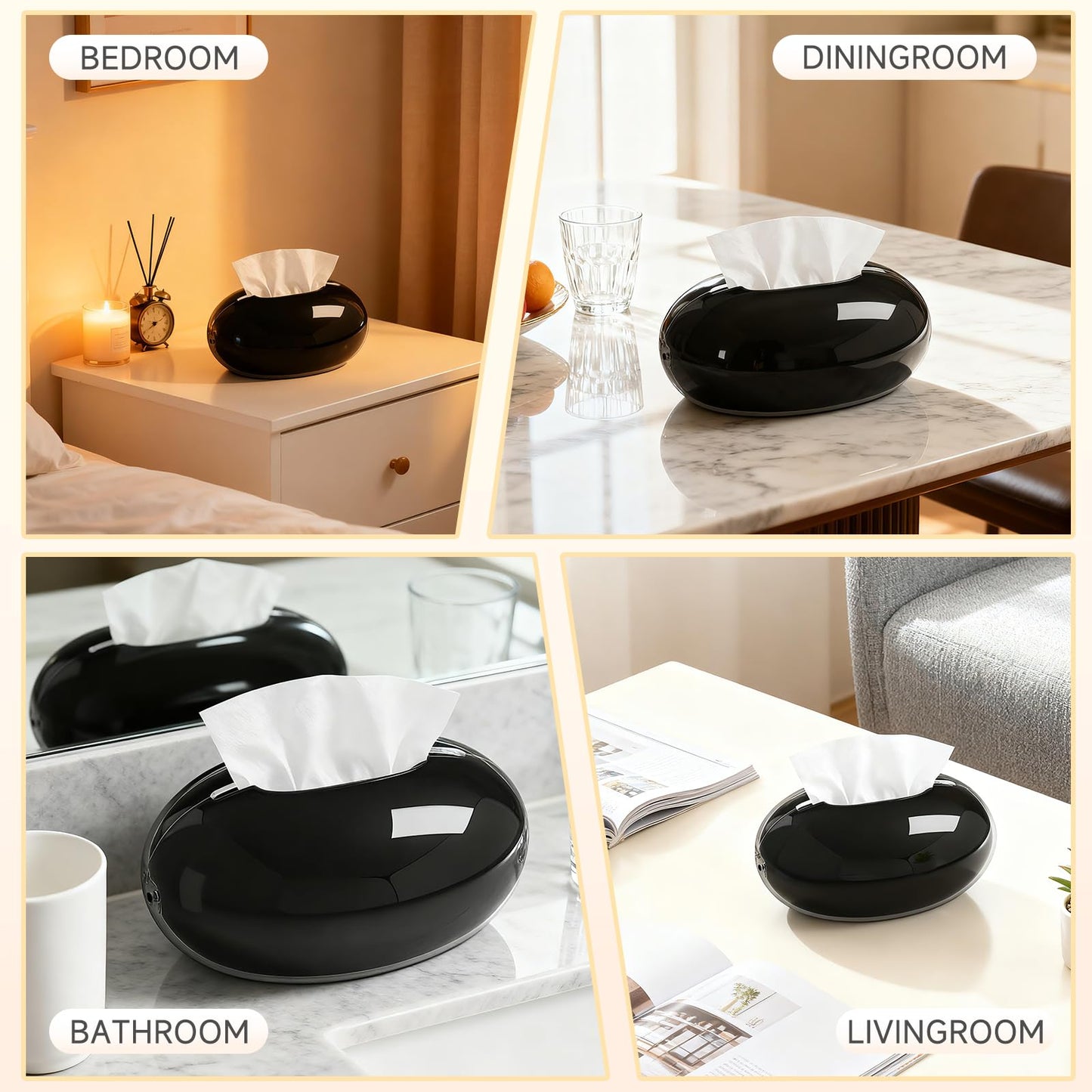 Acrylic Tissue Box Cover, Large Round Design with Non-Slip Base, Beige Decorative Holder for Bathroom, Living Room, Office (Black)
