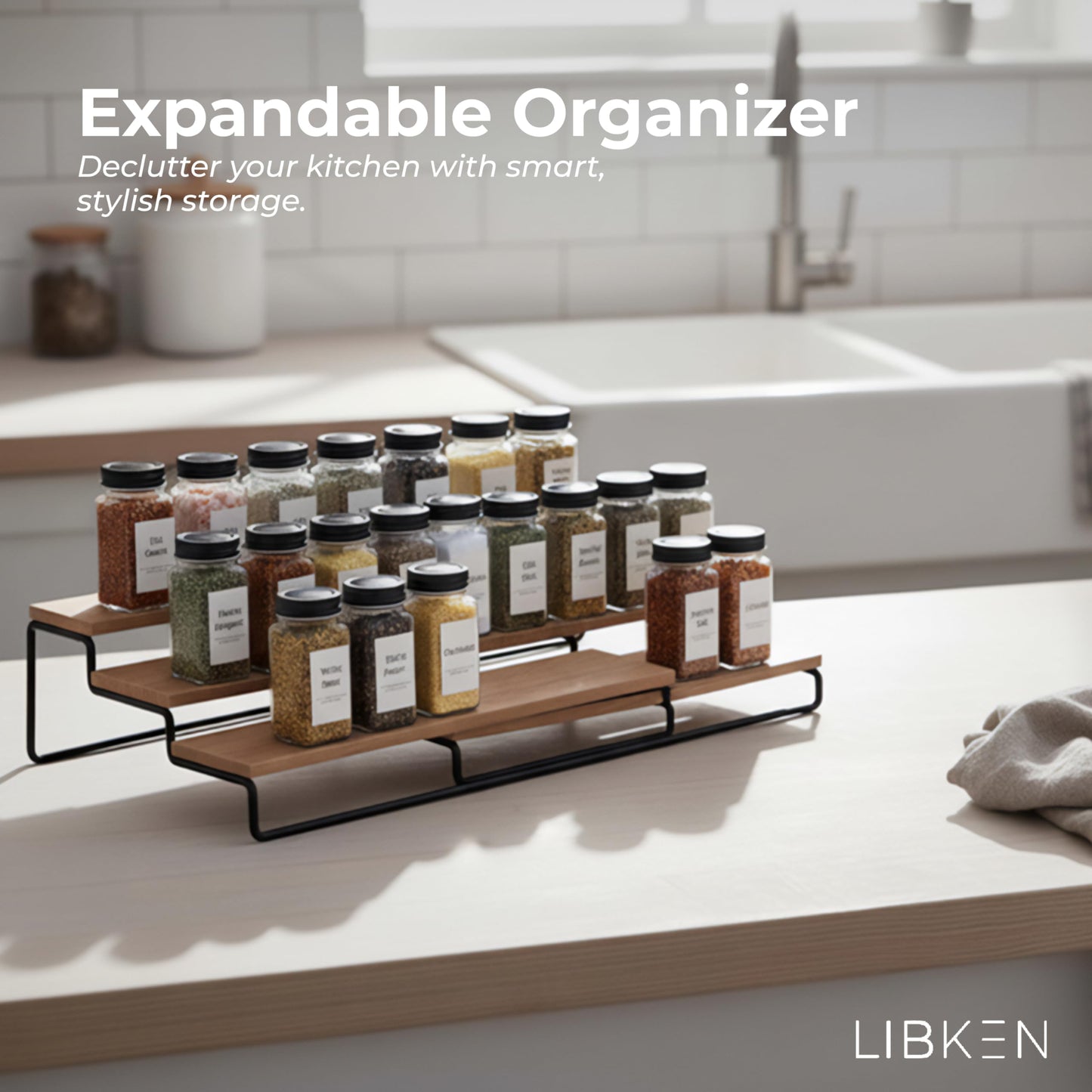 LIBKEN Tiered Spice Rack Organizer – Wood & Metal Countertop & Cabinet Spice Stand, Strong & Sturdy 3-Tier Shelf for Kitchen, Pantry, Seasoning Bottles – Minimal Scandinavian Design - Wood Brown