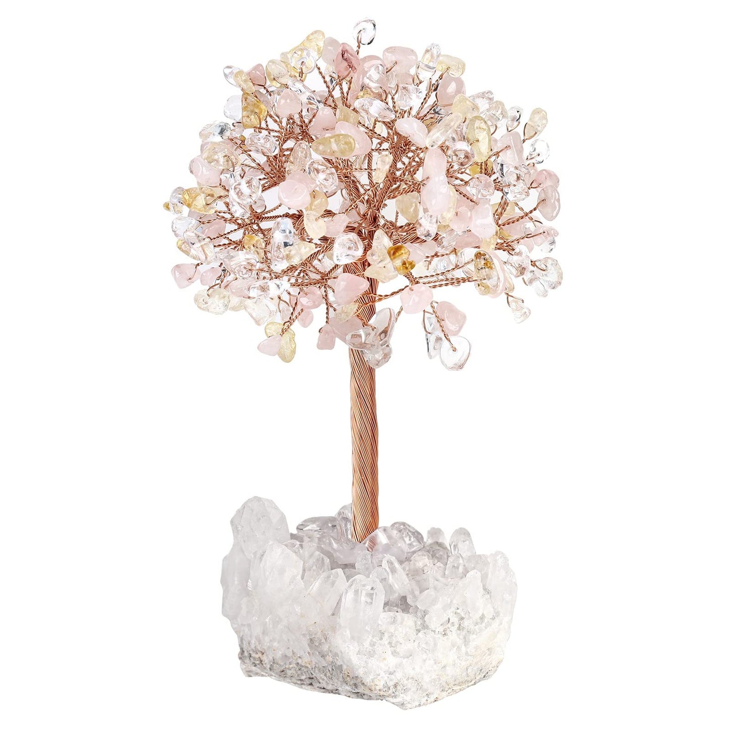 mookaitedecor Natural Rose Quartz & Citrine & Rock Quartz Crystal Money Tree with Rock Quartz Cluster Base, Healing Crystal Feng Shui Tree for Table Display Home Decoration