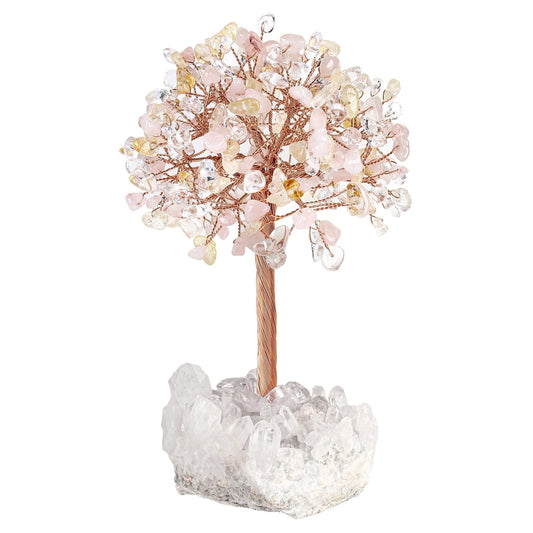 mookaitedecor Natural Rose Quartz & Citrine & Rock Quartz Crystal Money Tree with Rock Quartz Cluster Base, Healing Crystal Feng Shui Tree for Table Display Home Decoration