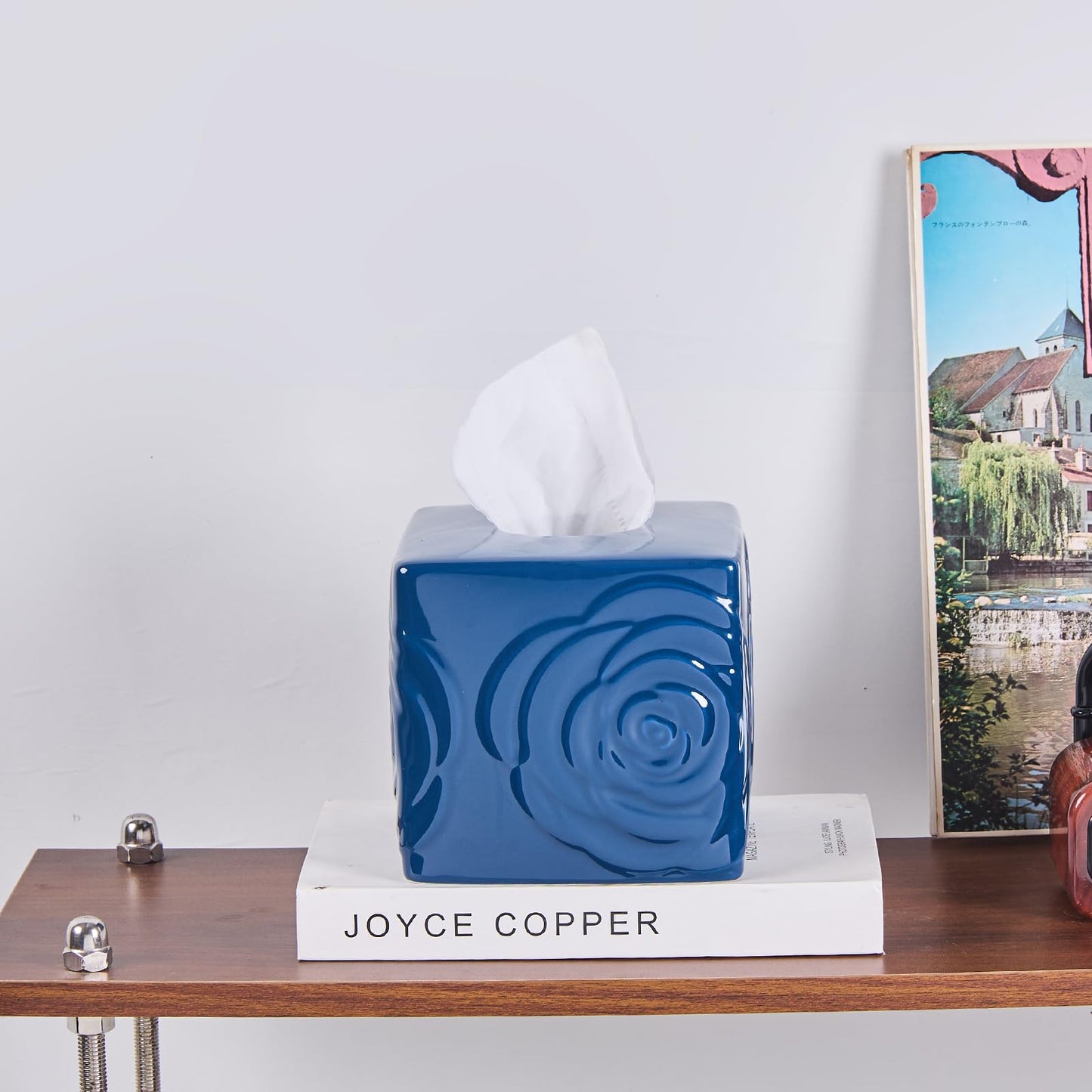 Deep Blue Ceramic Cube Tissue Box Cover with Rose – Large Elegant Rose Floral Square Decorative Tissue Box Holder for Bathroom, Bedroom, Office Desk, Kitchen Counter – Perfect Housewarming Gift