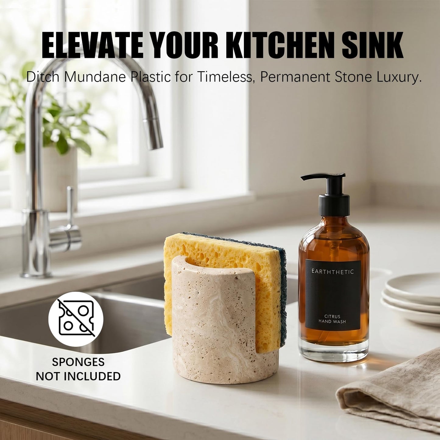 NADSENY Natural Travertine Sponge Holder - Wabi-Sabi Stone Drying Rack for Kitchen Sink & Bathroom, Decorative Candle Tray, Flowers Organizer & Toothbrush Holder - Housewarming Gift, Home Decor