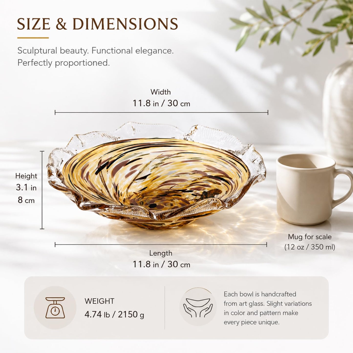 Large Hand Blown Glass Bowl, Ocean Wave Ruffled Rim Decorative Fruit Bowl, Swirled Blown Glass Centerpiece Bowl Glass, Blown Glass Art for Kitchen Counter Fruit Display or Office Candy Bowl (Amber)