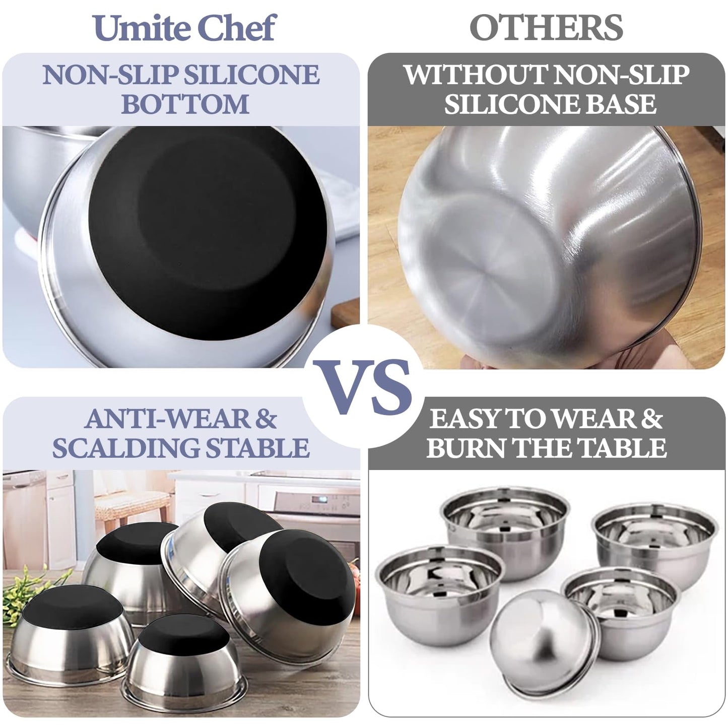 Umite Chef Mixing Bowls with Airtight Lids Set, 8PCS Stainless Steel Nesting Bowls Set, 3 Grater Attachments & Non-Slip Bottoms, Size 5, 4, 3.5, 2, 1.5QT for Baking & Mixing(Black)