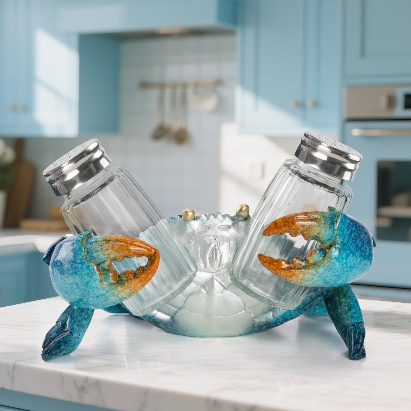 VVGIFTS Decorative Blue Crab Salt and Pepper Shaker Holder, Coastal Kitchen Decor (Crab)