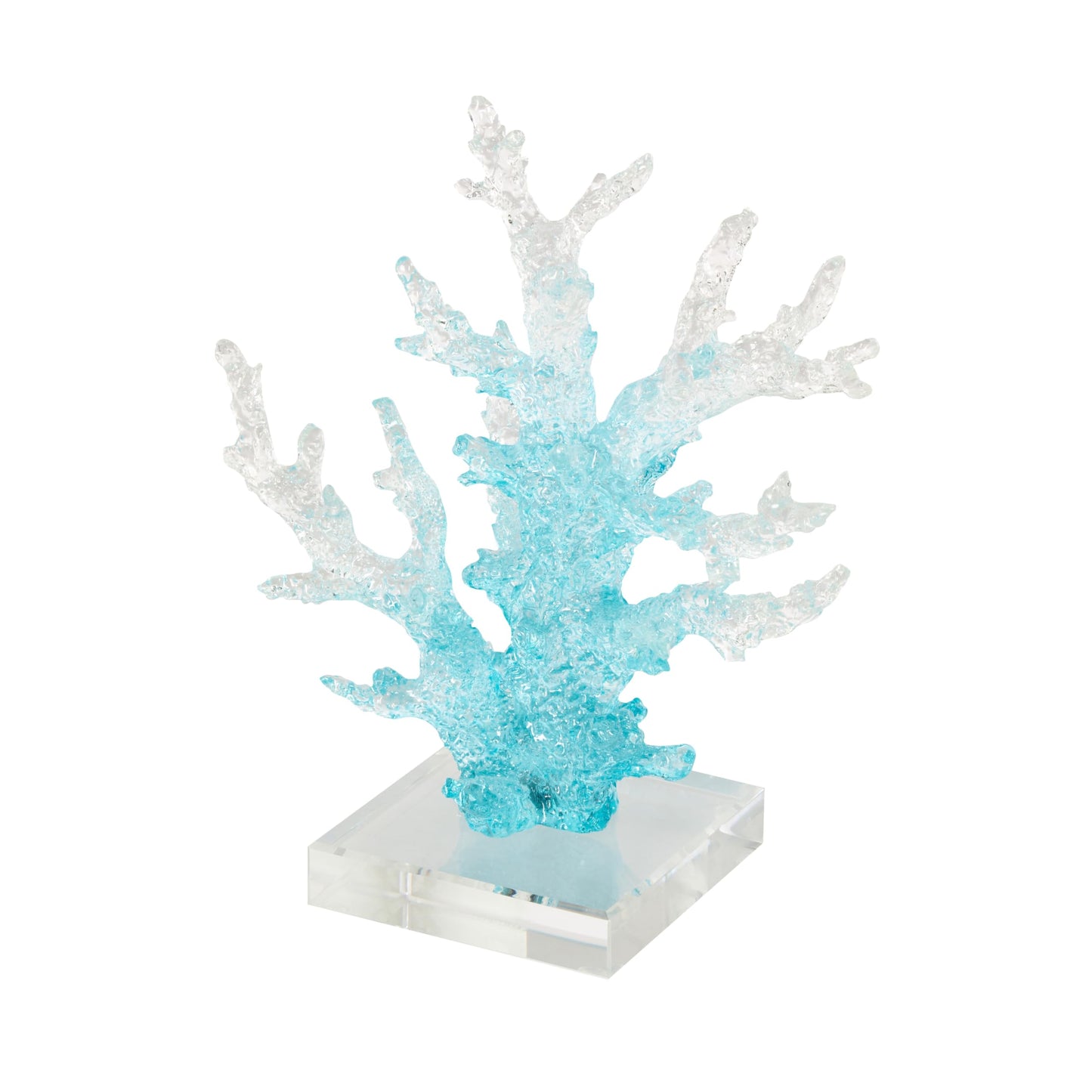 Deco 79 Glass Coral Decorative Sculpture Ombre Home Decor Statue with Clear Square Base, Accent Figurine 8" x 4" x 9", Blue