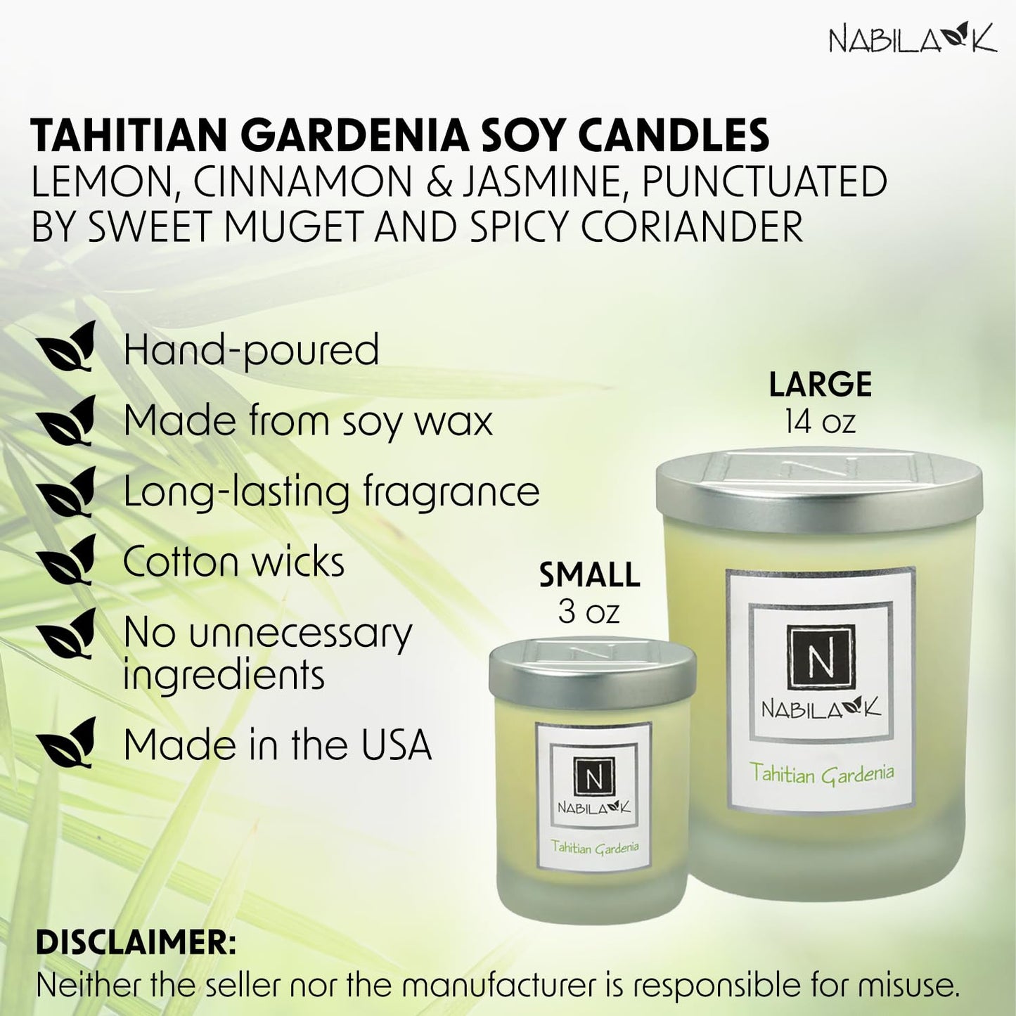 Nabila K - Tahitian Gardenia - Soy-Based Candle - Lemon, Cinnamon, Jasmine, Sweet Muguet & Spicy Coriander - Hand-Poured - Cotton Wick - Aromatherapy Candle w/Essential Oils - Made in USA - 14 oz
