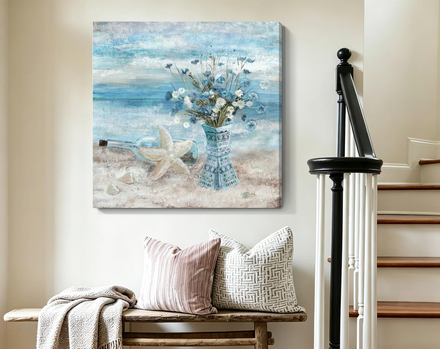 Beach Wall Art for Living Room Blue Ocean Theme Canvas Print Modern Abstract Coastal Picture Seascape Painting Daisy Flower in Indian Vase Framed Artwork for Seaside Bedroom Bathroom Office 24x24inch