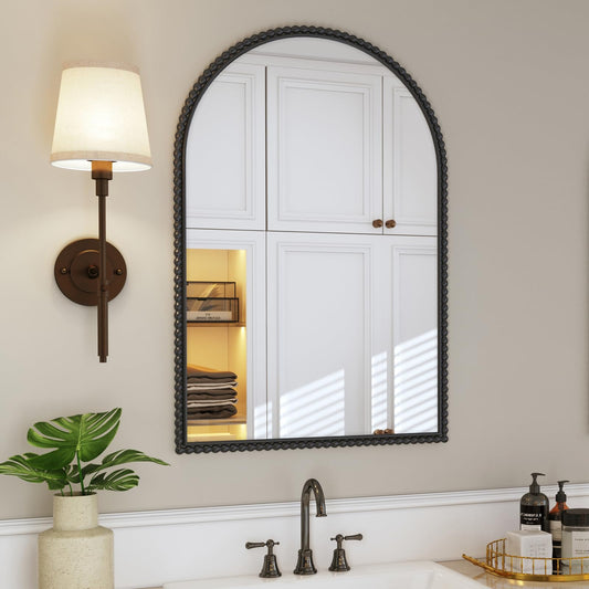 MYOTA Arched Wall Decor Mirror - 24"x36" Arch Black Bathroom Wall Decorative Mirror, Vintage Beaded Black Framed Metal Accent Mirror Decor for Fireplace, Living Room, Entryway, Hallway, Bedroom