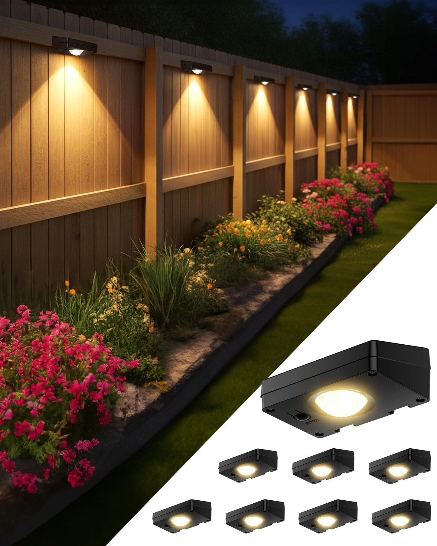 FabStyl Solar Fence Lights Outdoor, 3000/4500/6000K 3 Mode, Fence Lights Solar Powered for Outside Backyard, Railing, Step, Patio, Fence Post, Home Improvement Garden Decor，8 Pack