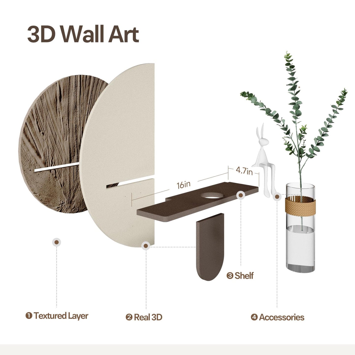 Troartos 3D Textured Neutral Abstract Wall Art with Vase, White and Brown Wall Decor with Rabbit Decoration, Minimalist Geometric Artwork for Living Room Hallway Dining Room Bedroom Office, 24x24 In