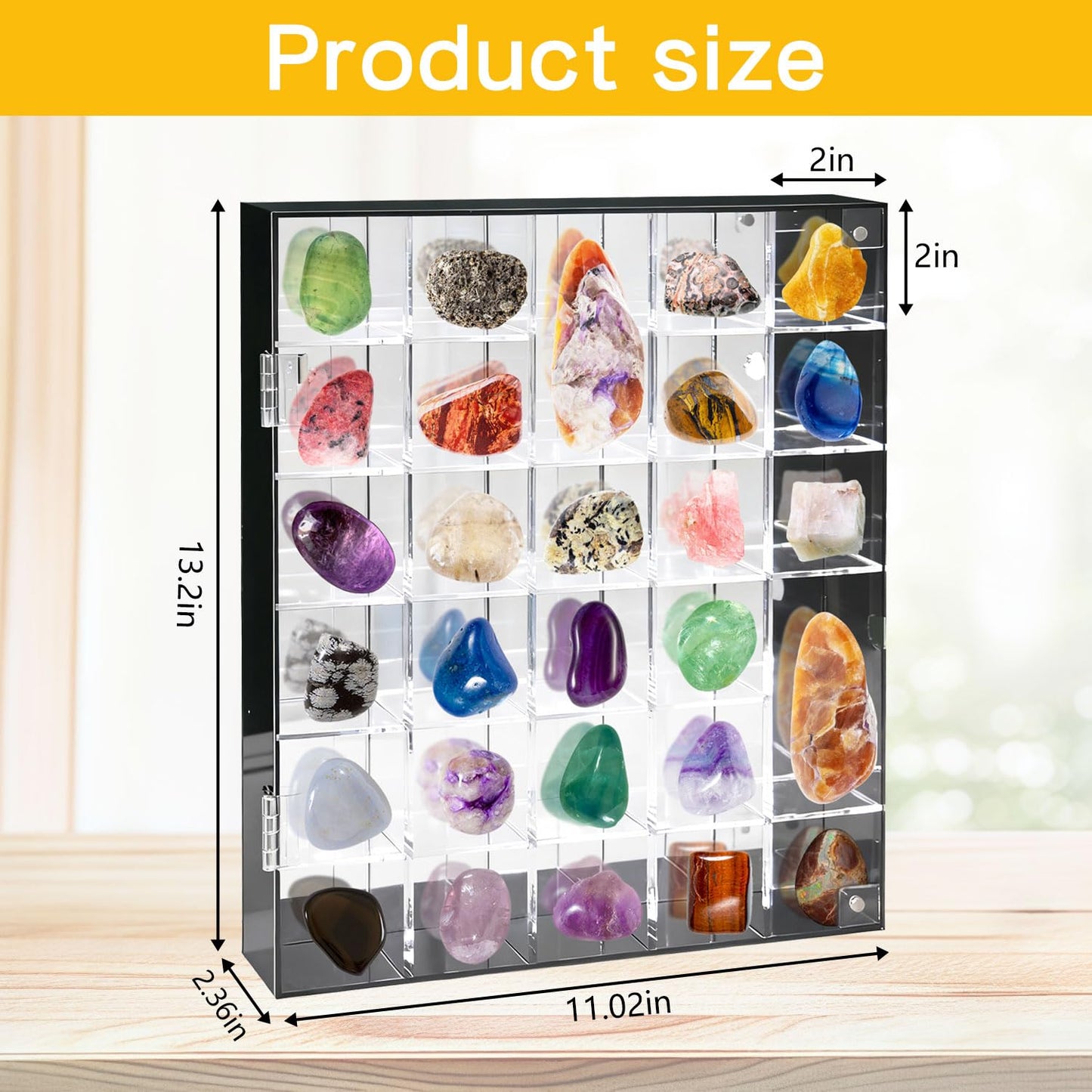 Adjustable Display Case Rock Acrylic Box with Mirror Back,Wall Mountable,30 Grid Crystal Collection Shelf Storage for Minerals,Gems,Jewelry,Wall Crusher Stone Clear Shadow Cabinet Cases Collectibles