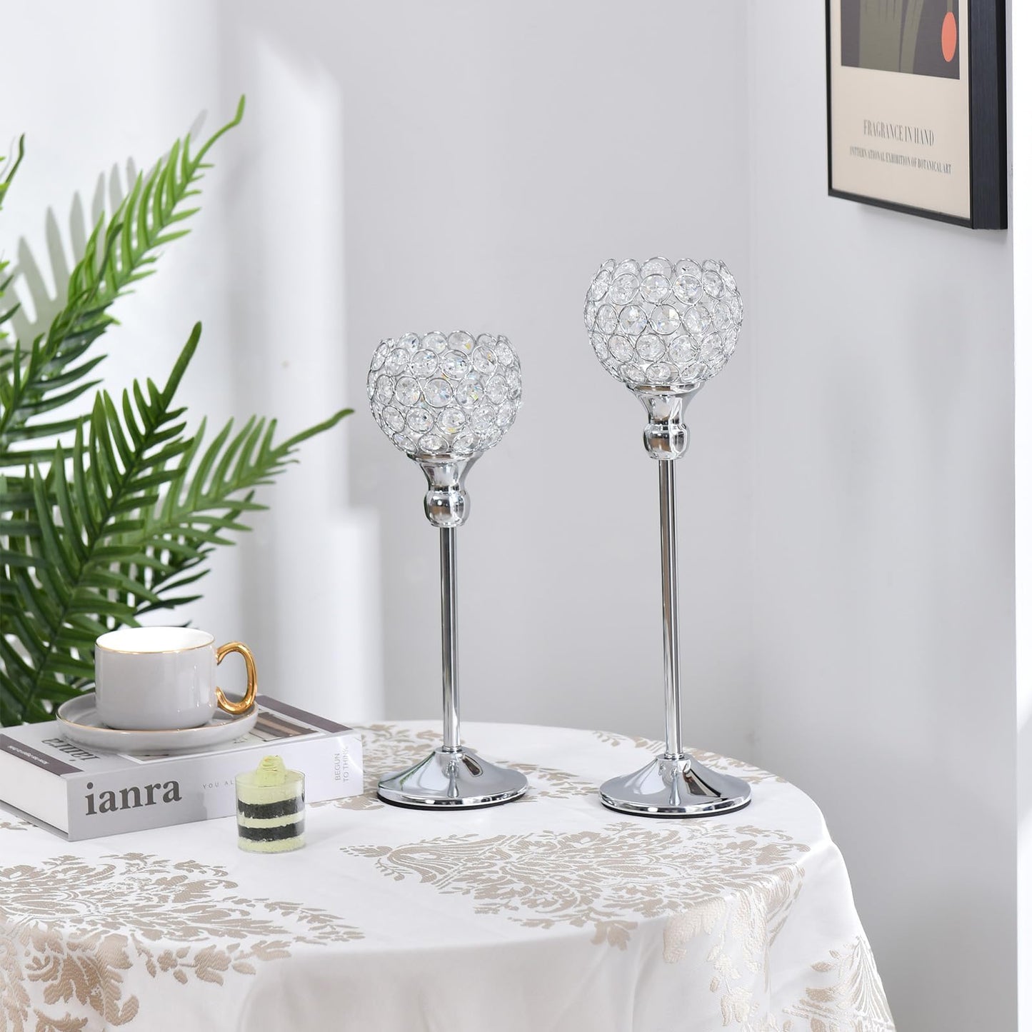 VINCIGANT Silver Crystal Votive Candle Holders Set of 2 for Table Centerpieces, Wedding Dinning Room Table Tealight Candle Stand,Christmas Housewarmin