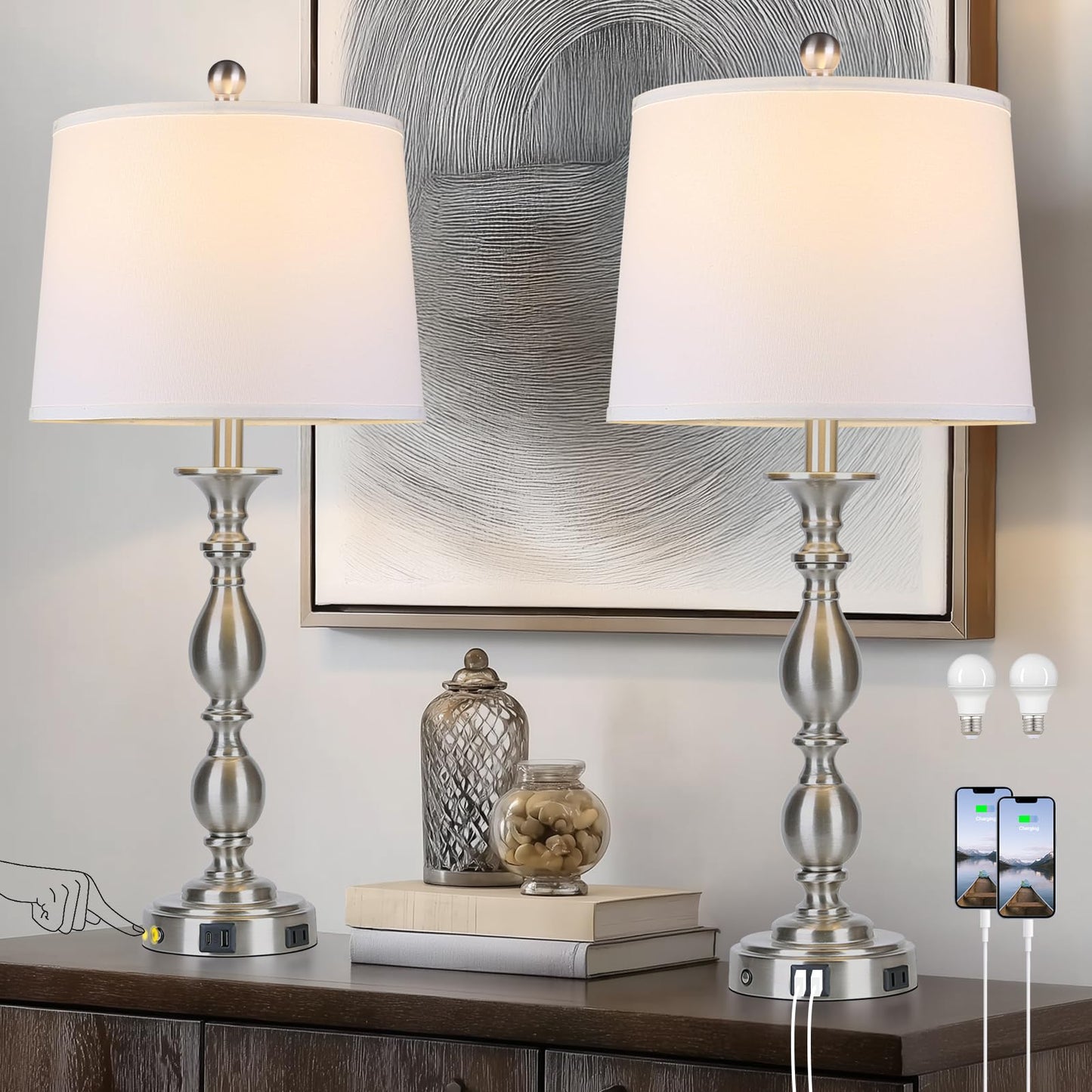MOUVOVO 28" Tall Modern Table Lamps Set of 2 with USB A+C Ports and AC Outlet, 3 Way Touch Metal Bedside Lamps for Bedroom, Silver Farmhouse Nightstand Lamps for Living Room