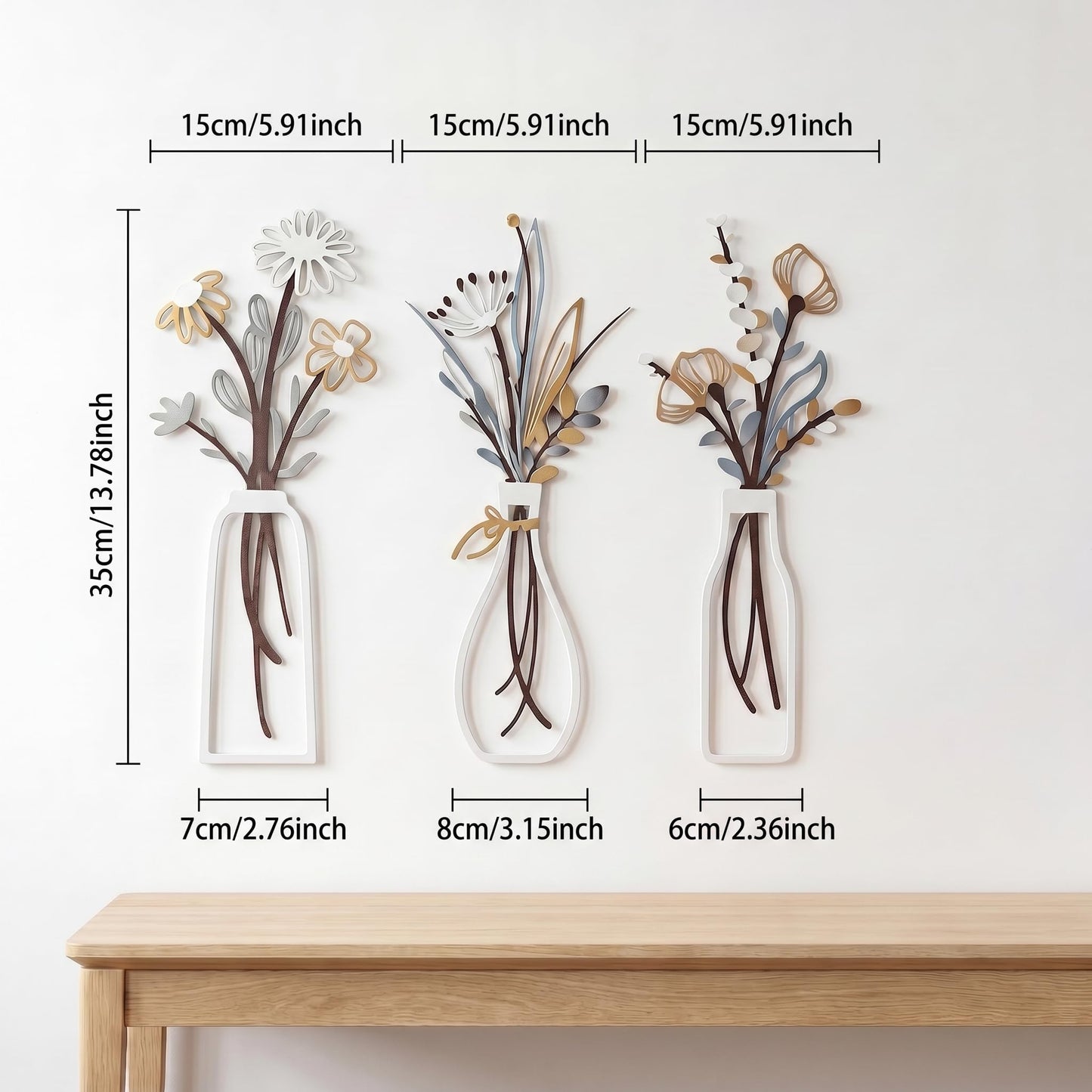 NCzhaozhao 3 Pieces White Metal Flower Vase Wall Art Sculptures | Minimalist Botanical Wall Decor for Living Room Bathroom Bedroom Kitchen Farmhouse Home Decor