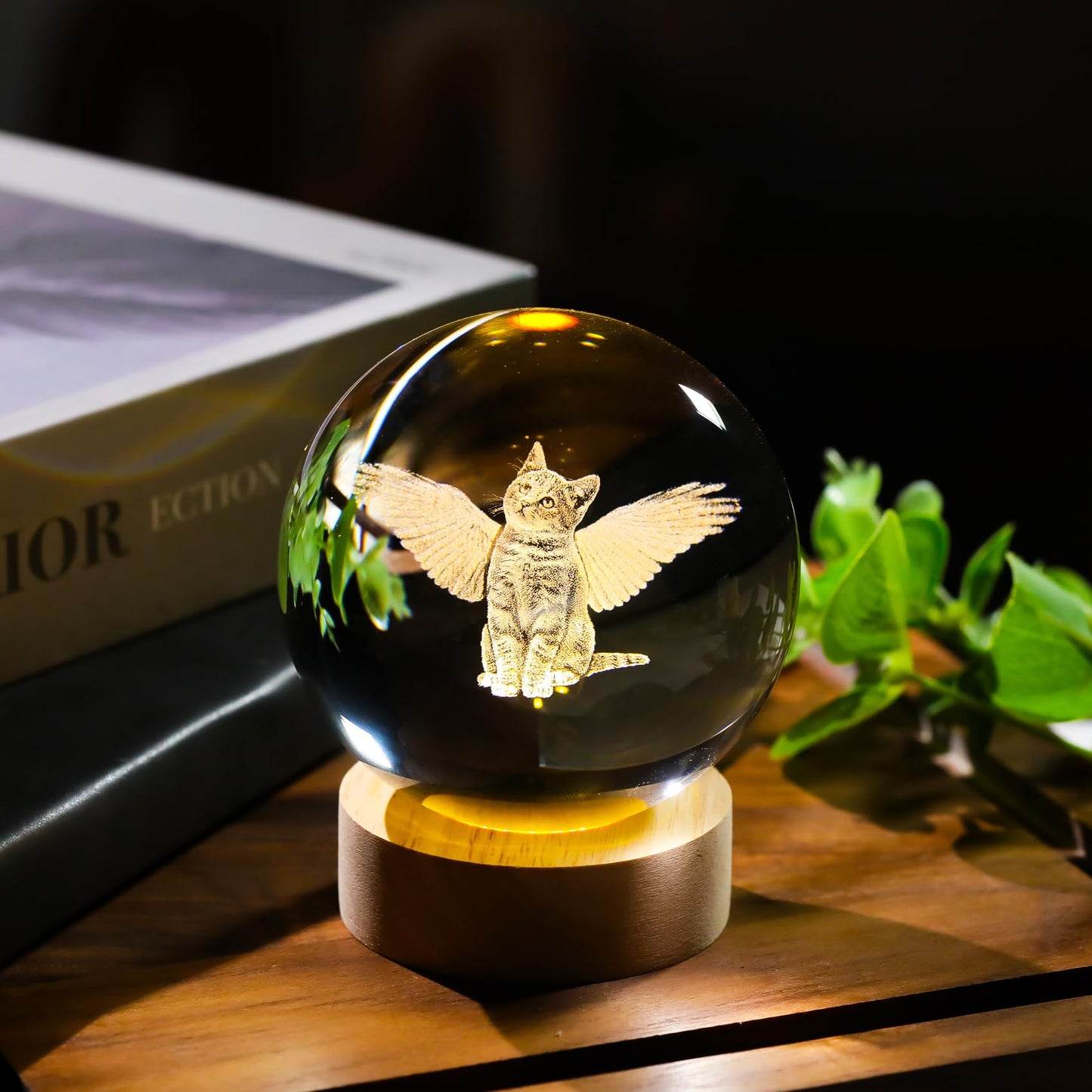 Arikyrist 3D Angel Cat Crystal Ball Figurines Gifts with LED Base for Women Her Mom on Birthday Cat Collectibles Home Decor Unique Lamp for Bedroom