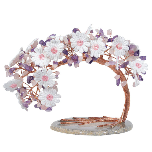 rockcloud Amethyst&Rose Quartz Money Tree Lace Flower with Agate Slice Base
