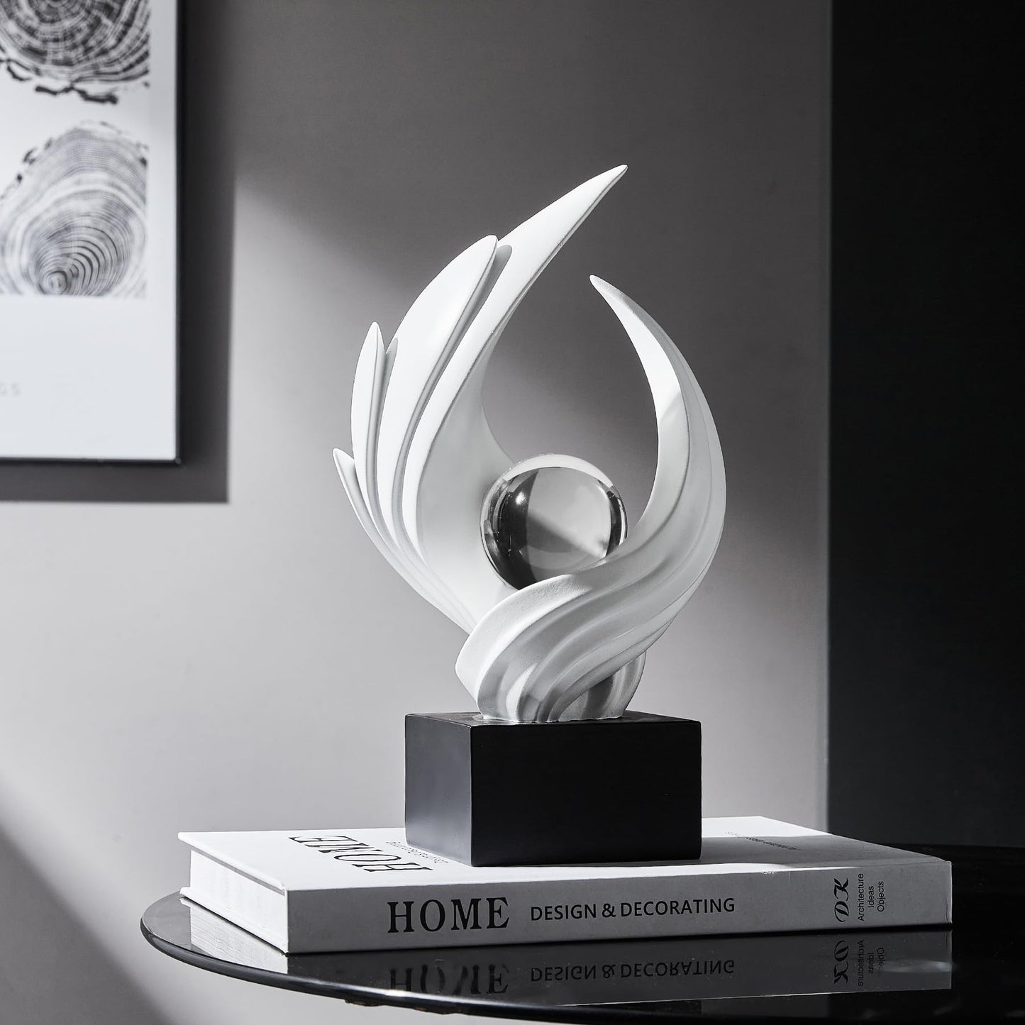XGZY Abstract Flame Art Statue-Modern Home Decor Table &Book Shelf-with Glass Ball (10.43in Tall Figurine) (White)