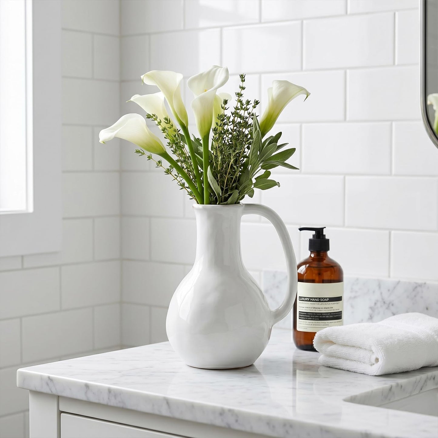 GarDream White Ceramic Vase with Handle, 8.5 Inch Modern Farmhouse Pitcher Vase for Flowers, Rustic Ceramic Jug Flower Vase, Decorative Boho Home Decor for Living Room Mantel Table Centerpiece Office