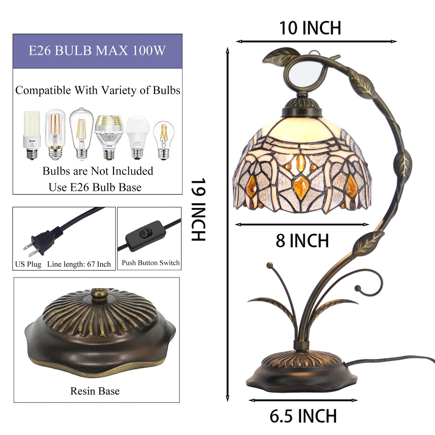 HZYFFYU Tiffany Lamp Stained Glass Table Lamp Metal Leaf Base 8X10X19 Inch Reading Desk Light (Crystal Style)
