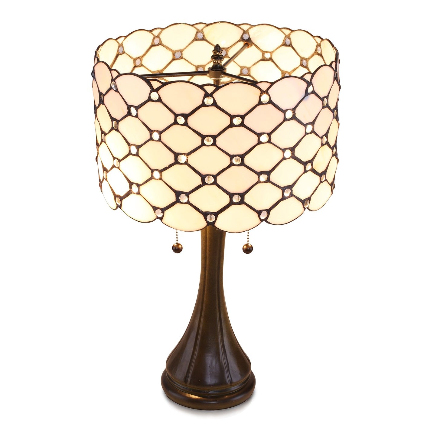Serena D'italia Tiffany Style Table Lamp Contemporary, Diamond Pattern Stained Glass Lamp with Jewels, Standing Lamp with Double Pull Chain (White)