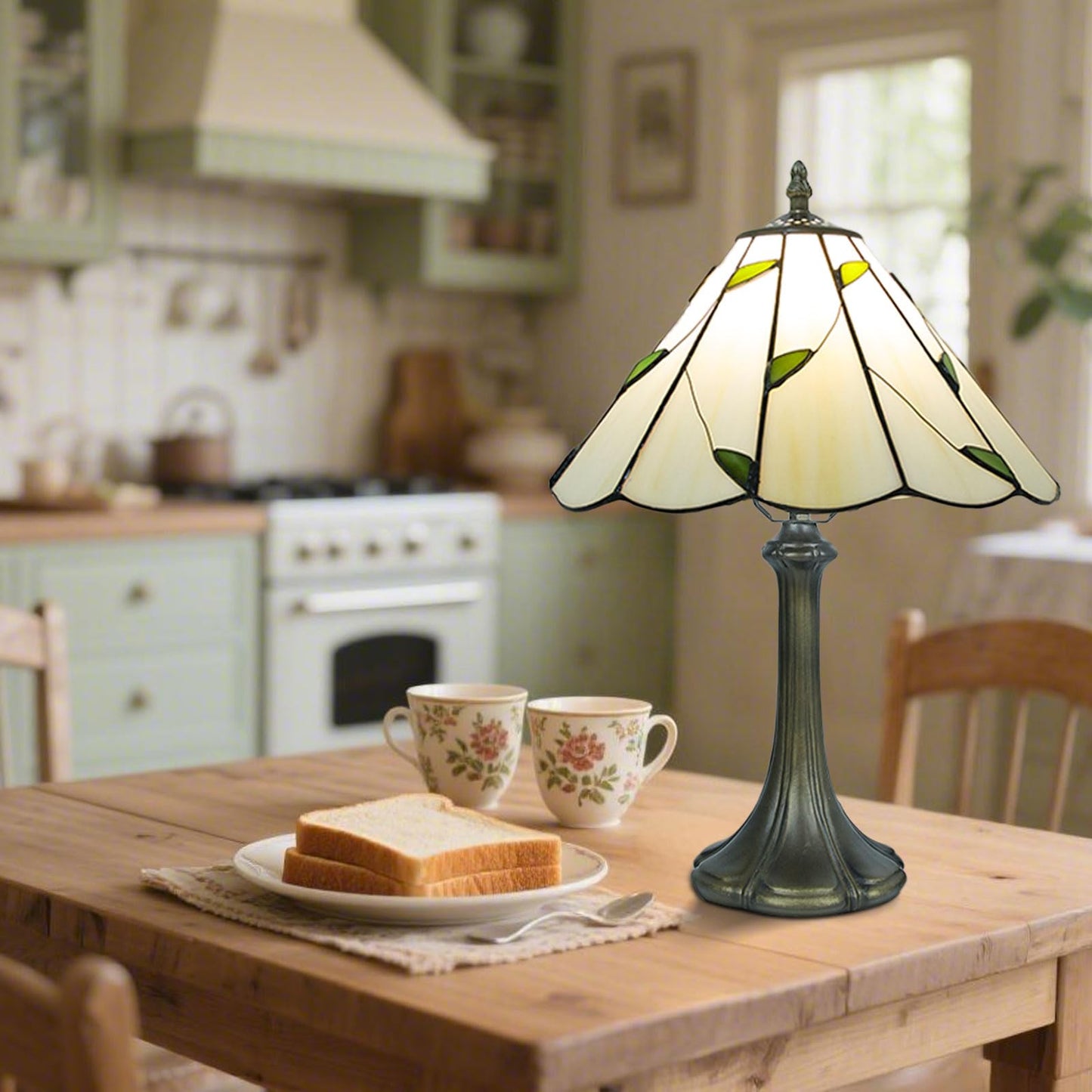 Ppbmocw Tiffany Style Table Lamp, Small Stained Glass Lamp for Bedside, Bedroom, Nightstand, Living Room, 12 Inch Mini Vintage Light Included E26 Bulbs with Remote Control (White with Leaves)
