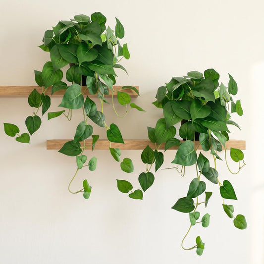Artificial Pothos Hanging Plant, 25" Set of 2 Faux Ivy Vines with Pots