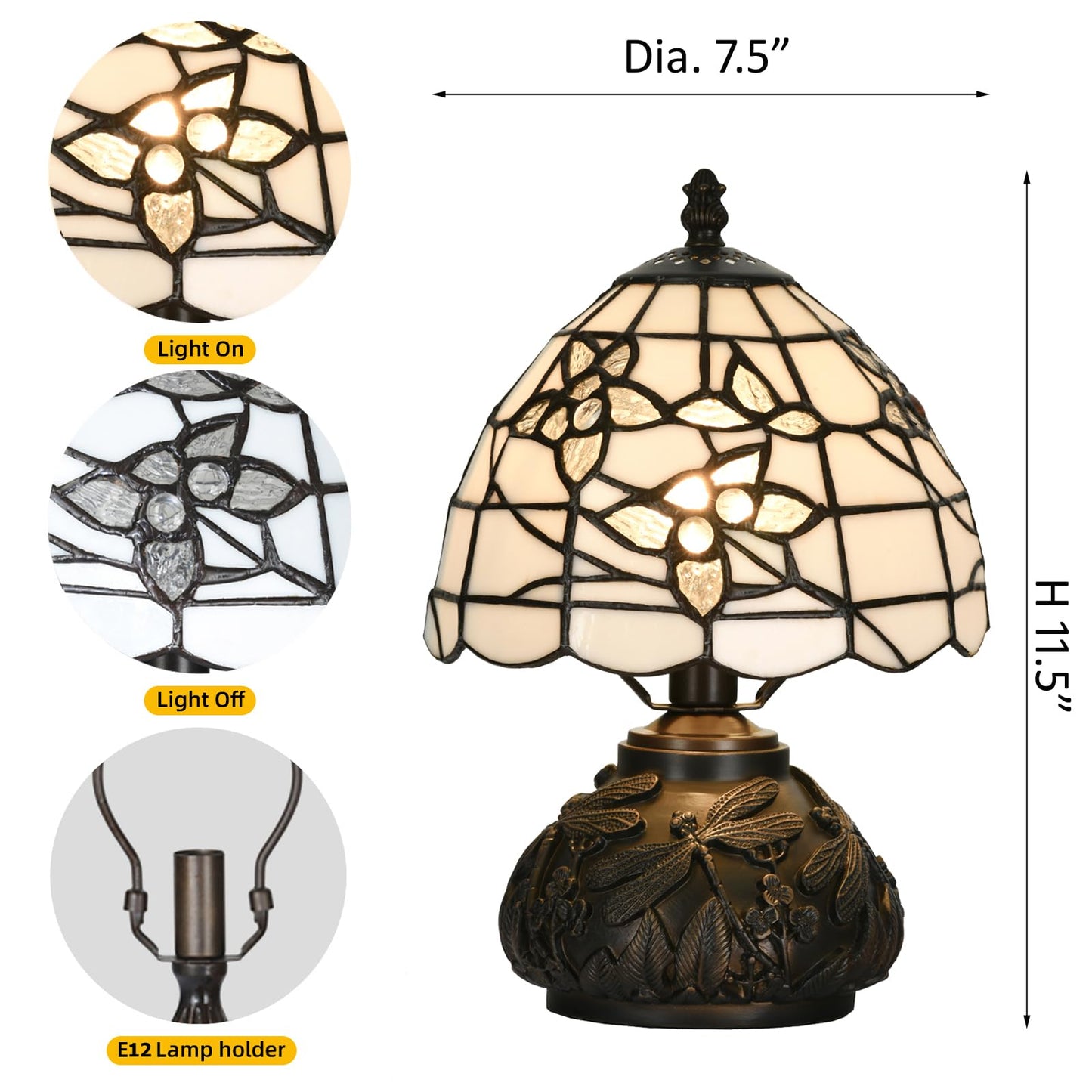 HomeBeauty TL0022 Small Tiffany Lamp,Stained Glass Lampshade Dragonfly Resin Base, Mini Desk Light for Bedside Nightstand, W8 X H11.8 Inch for Bedroom Living Room, LED Bulb Included (White Flowers)