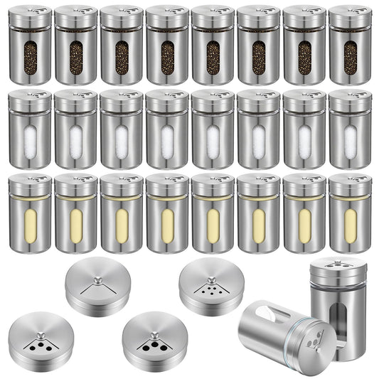 24 Pcs Stainless Steel Spice Jars with Shaker Lids, Seasoning Jars with Adjustable Pour Holes and Glass Window, Empty Spice Bottles for Kitchen Salt Pepper Sugar Seasonings (3.4oz)