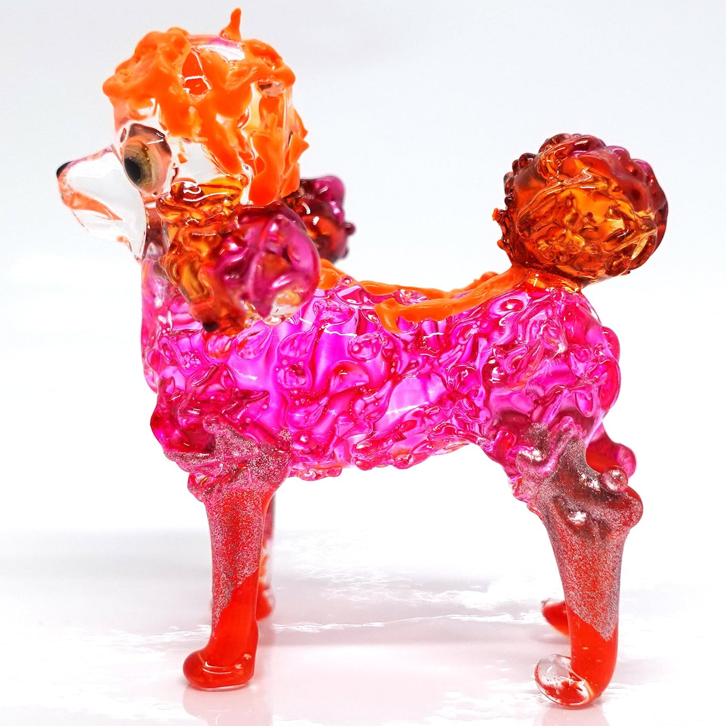 Sansukjai Poodle Glass Handmade Figurine - Painted Blown Glass Dog Sculpture with Layered Eyes - Miniature Collectible Pet Decor Gift for Dog Lovers (Pink Orange)