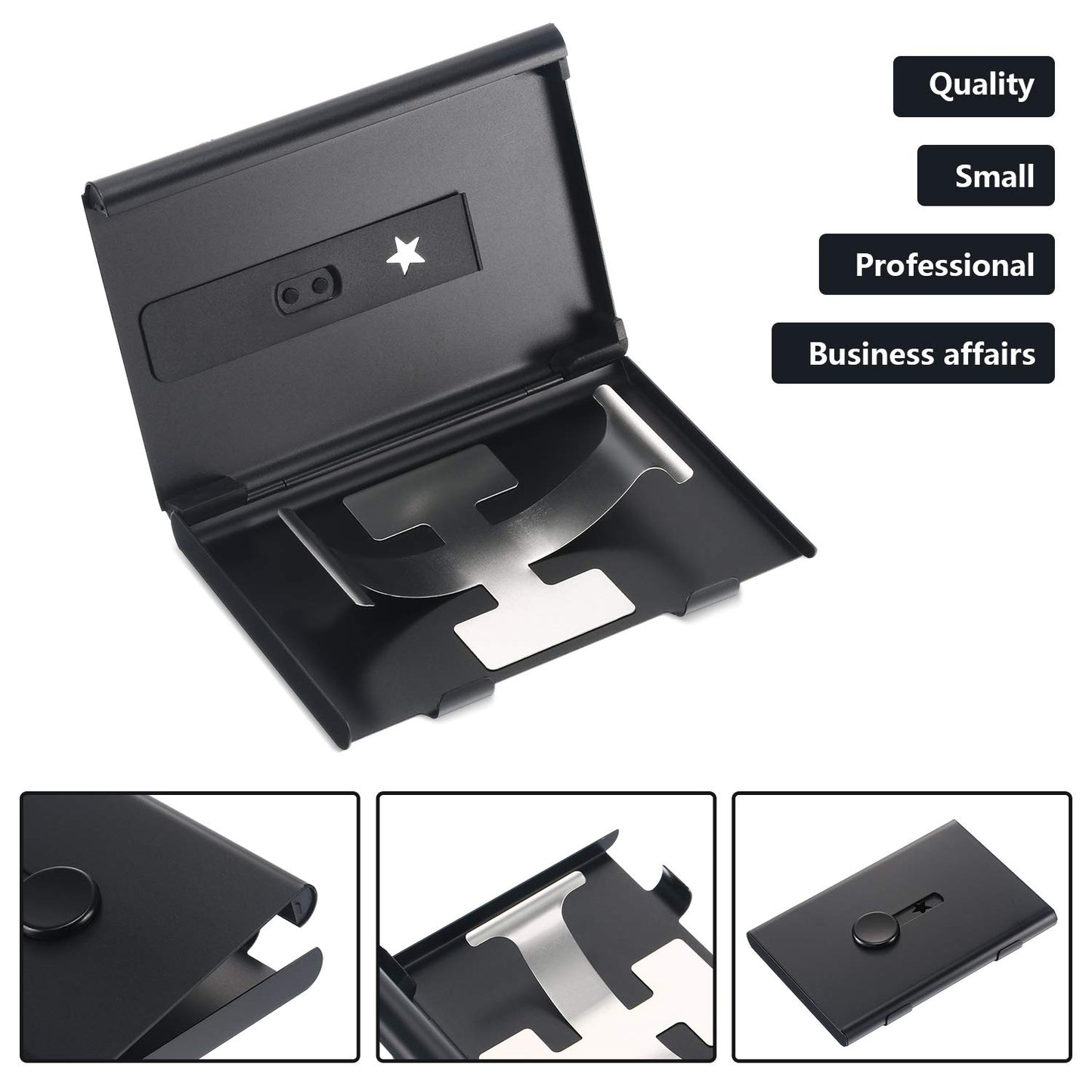 Tatuo 2 Pcs Black/blue 2 Pack Thumb Drive Business Card Holder Stainless Steel Business name Card Case Portable Slide Out name holder Wallet Nice Design pocket for Men and Women