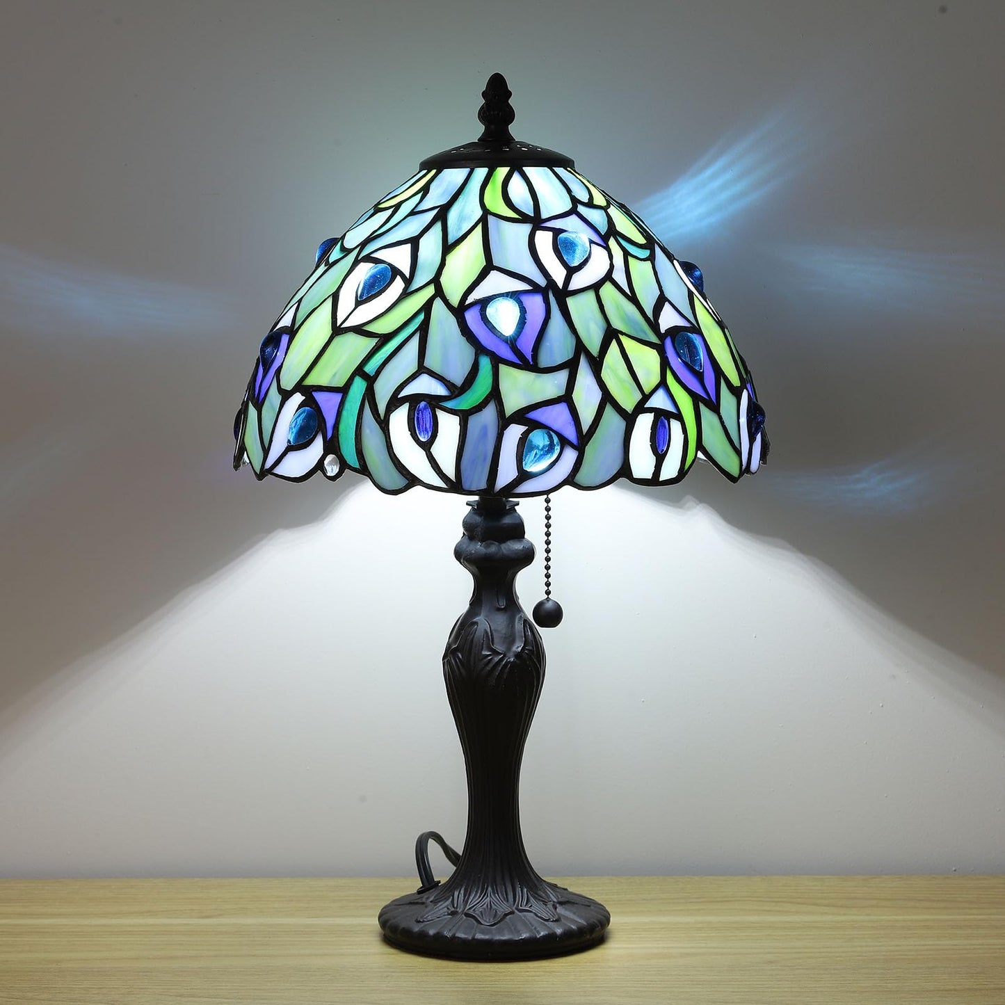 FUMAT Tiffany Table Lamp Blue Phoenix Tail Stained Glass Table Lamps Hand-Made 3 Color Temperature Bedside Nightstand Lamp for Bedroom,Living Room Home Office+LED Bulb,10.1X10.1X17Inch