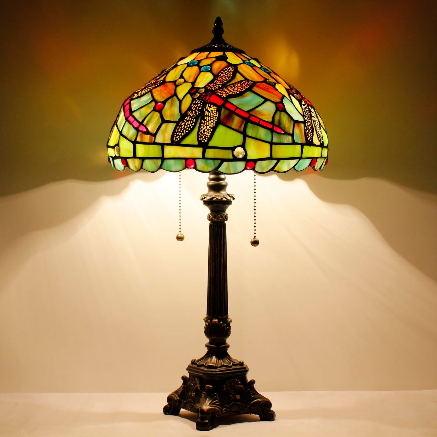 L-Juicwe Tiffany Table Lamp Green Red Stained Glass Desk Lamp 12X12X21 Inches Dragonfly Style Reading Light