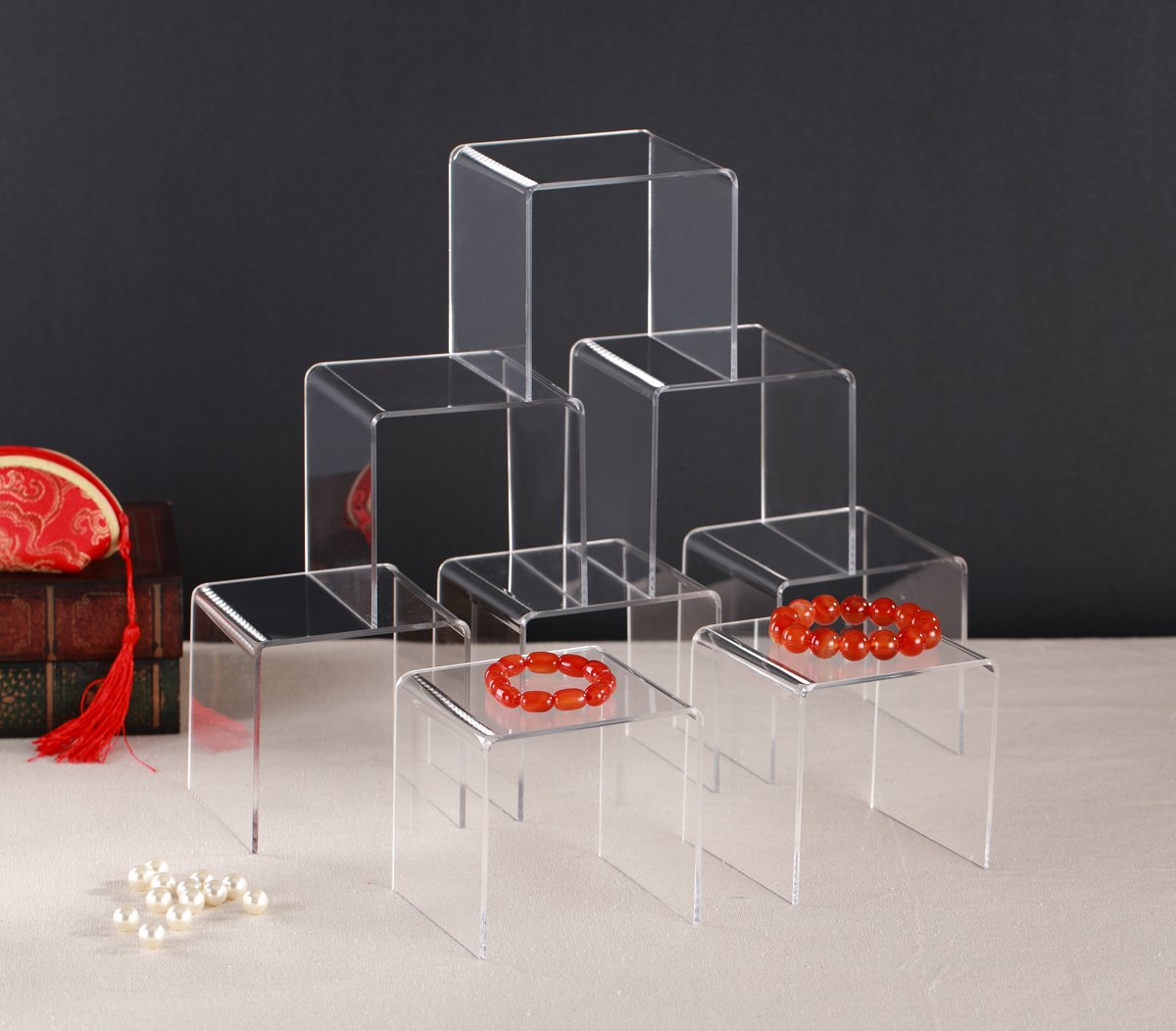 Jusalpha® 8 PC 4'' Clear Acrylic Risers, Acrylic Display Risers Shelf Showcase Fixtures for Jewelry, Display Stand for Amiibo Funko POP Figures, Cupcakes, Food Display, Cabinet- Lot of 8 (4x4x4 Inches)