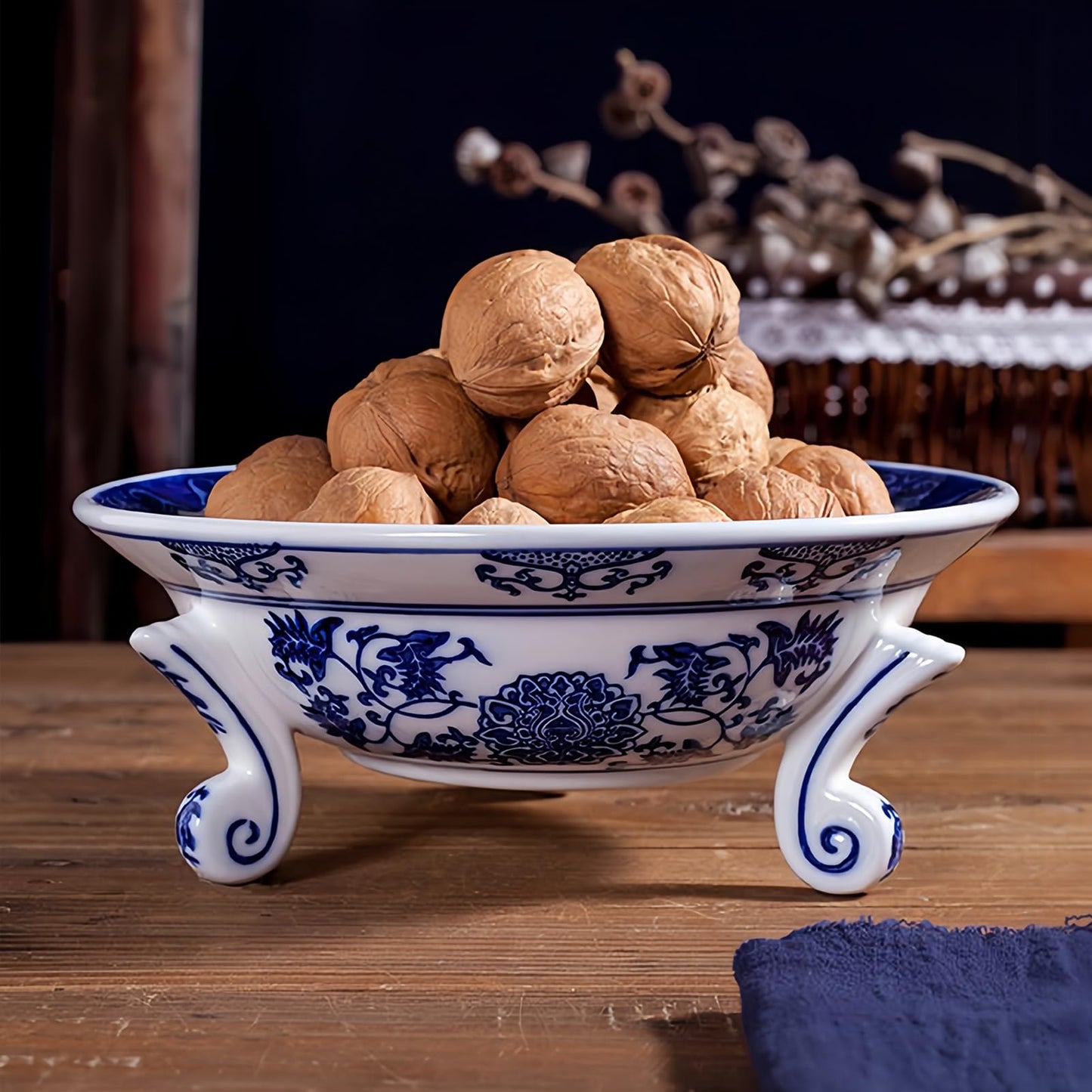 YYMayLsh Decorative Porcelain Fruit Bowl, Blue and White Chinoiserie Design, 10.2x3.9 inches