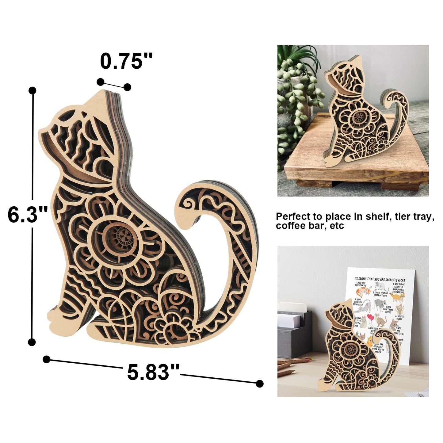 Laisgee Multi-Layered Cat Decor, Farmhouse Wooden Cat Craft 4 Layer Rustic Kitten Self-Standing Statue Desktop Shelf Tier Tray Display Cat Lovers Gift 6''