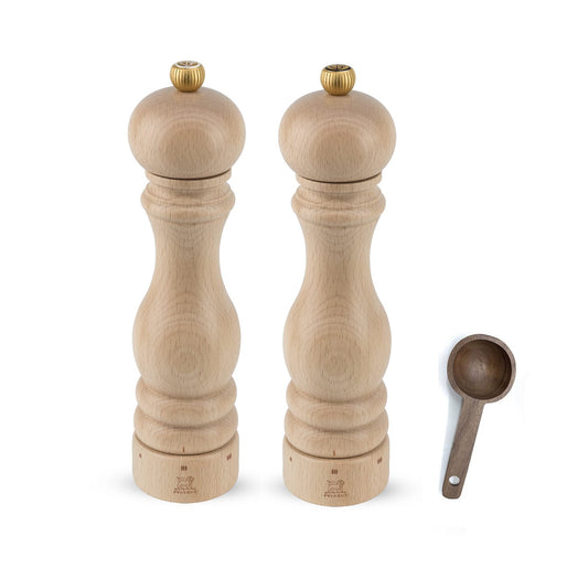 Peugeot Paris u'Select 6 Setting Manual beechwood Salt & Pepper Mill Set With Wooden Spice Scoop Made In France (Natural, 9- Inch)