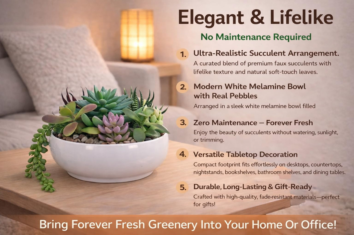 365 Blooming Decor 8.0” Round Artificial Succulent Arrangement in White Melamine Bowl, Realistic Mixed Faux Succulents with Natural Pebbles, Lifelike Touch, Indoor Tabletop Decor for Home & Office