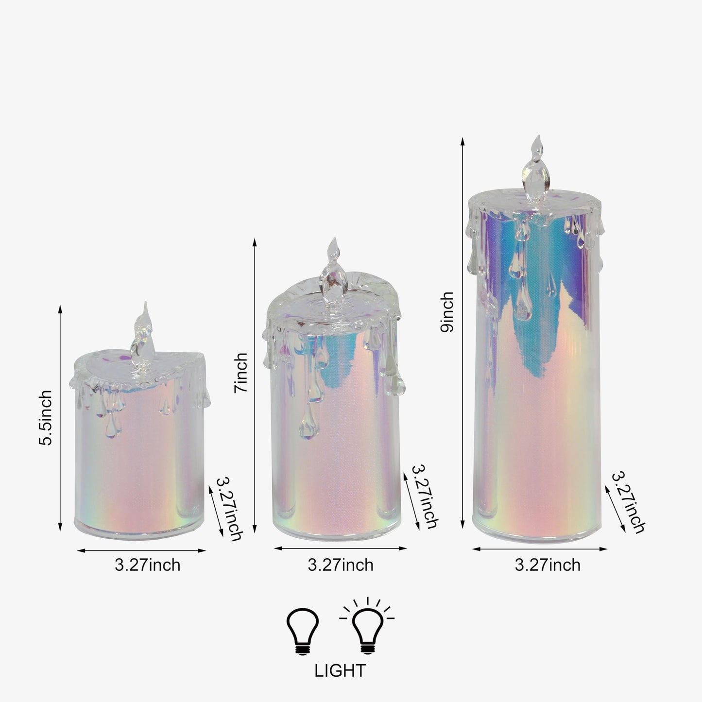 MOMENTS IN TIME 3-Piece Holographic LED Flameless Candle Set Glittering Acrylic Pillar with Realistic Dripping Wax and Flame Effect Home décor. Sizes: 5.5” 7” 9.5” (Batteries not Included)