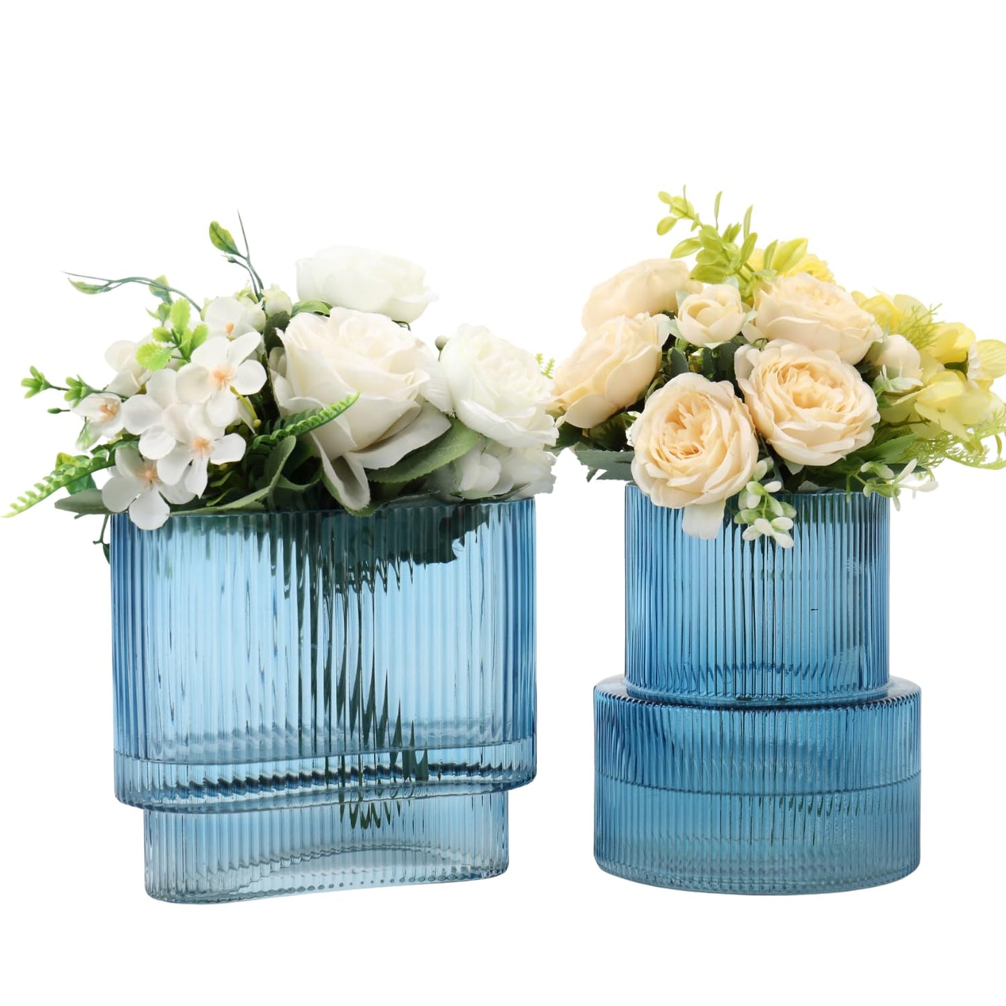 YANWE1 Blue Glass Vases, Set of 2 Ribbed Vases for Flowers, Blue Vase for Tulips, Modern Glass Vase for Living Room, Dining Table, Office, Entryway, Mantle, Bookshelf, Wedding Gifts