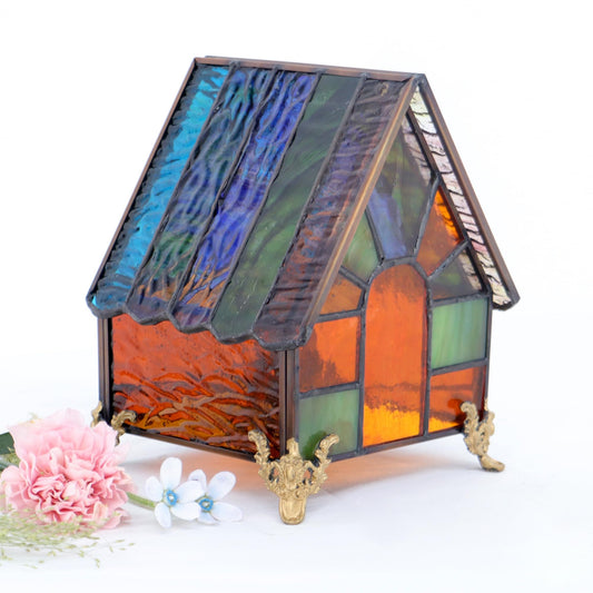 HWDFEI Small Tiffany Stained Glass Style Mini Lighthouse Table Lamp, Retro Decorative Lamp, Suitable for Bedroom Office Home Decoration 4.2X 4.2X 5.8(Blue Orange)
