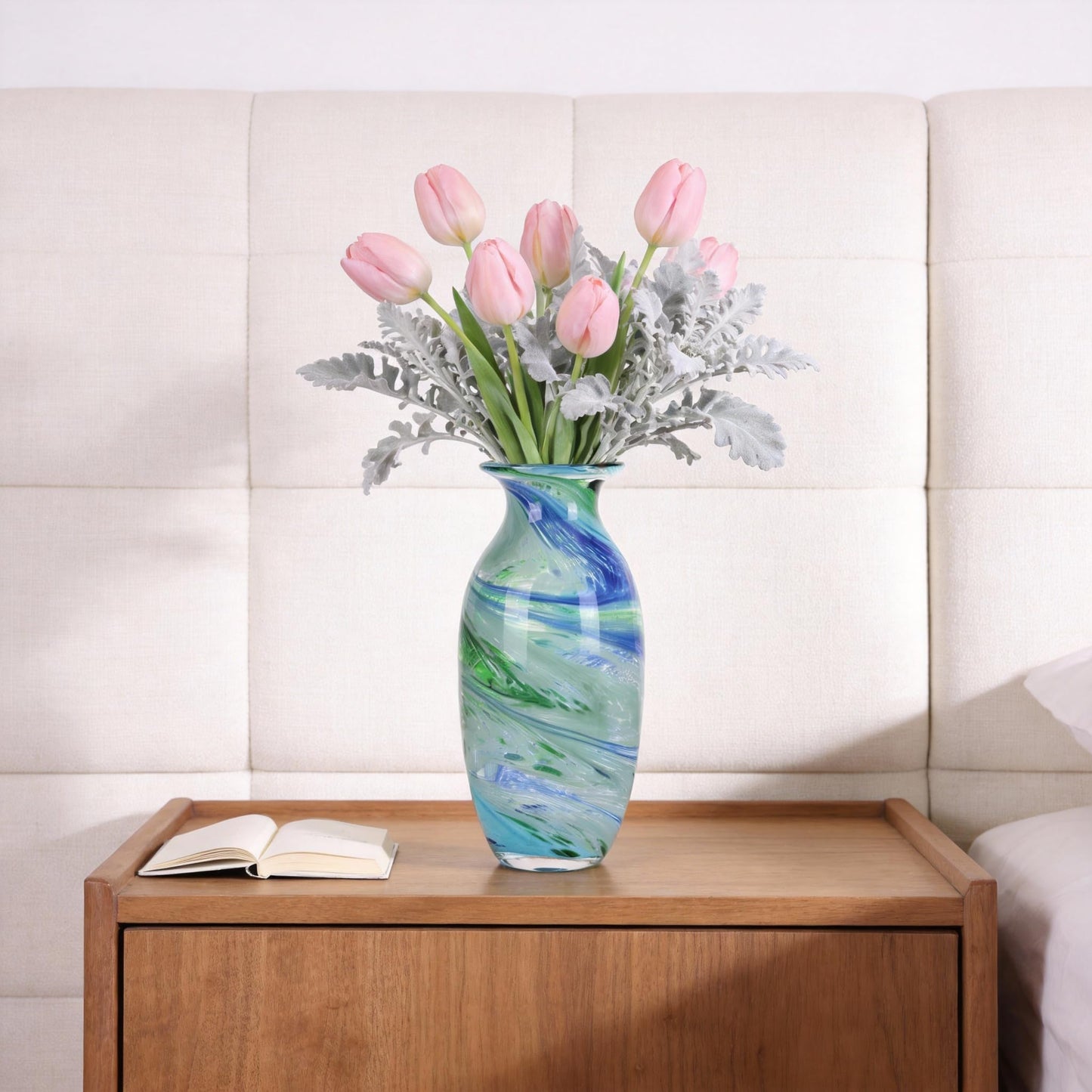 Hand Blown Glass vase, Blue Green Wide Mouth vase, Contemporary Glass Art Suitable for Display on Living Room Dining Tables, in Offices, bathrooms, Coffee Tables and hallways.