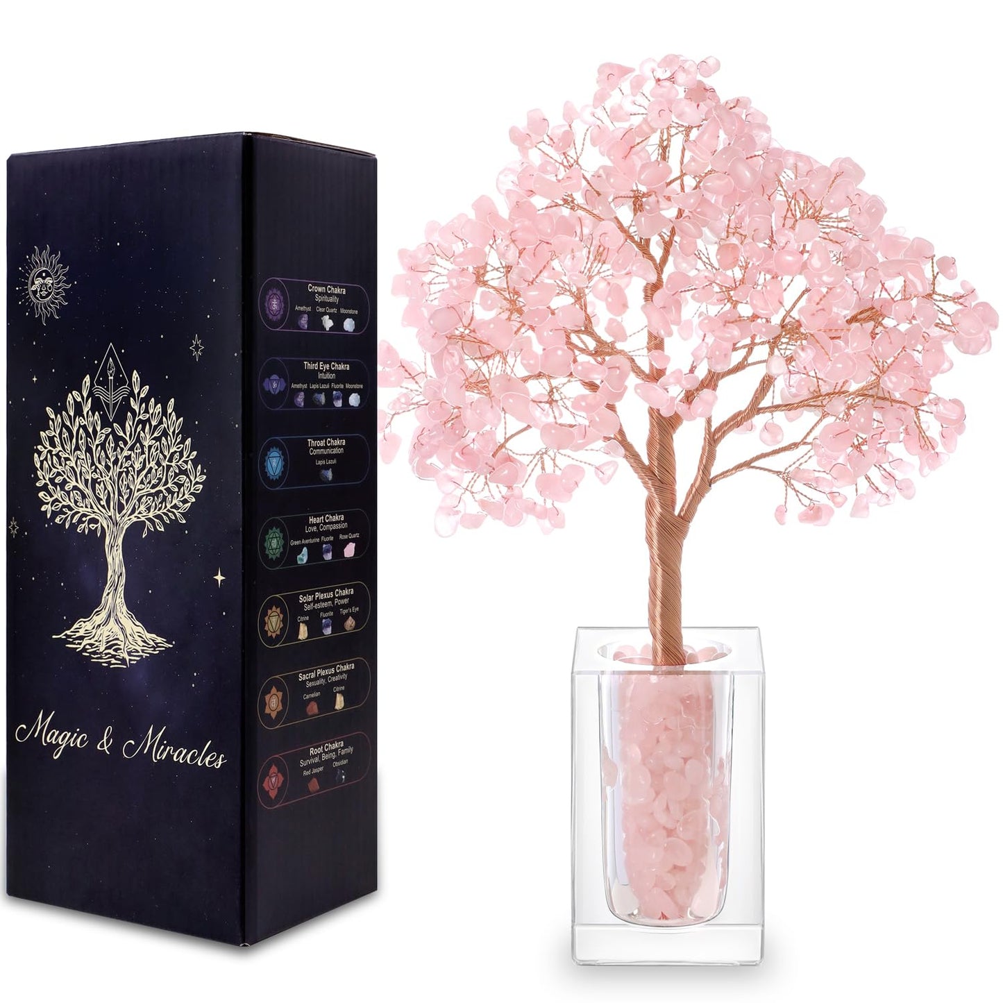 MAGIC AND MIRACLES Rose Quartz Crystal Trees of Life for Home Office Desk Deco, Pink Bonsai Tree, Christmas Housewarming Retirement Birthday Gifts New Home Meditation Yoga Gemstone Tree for Women