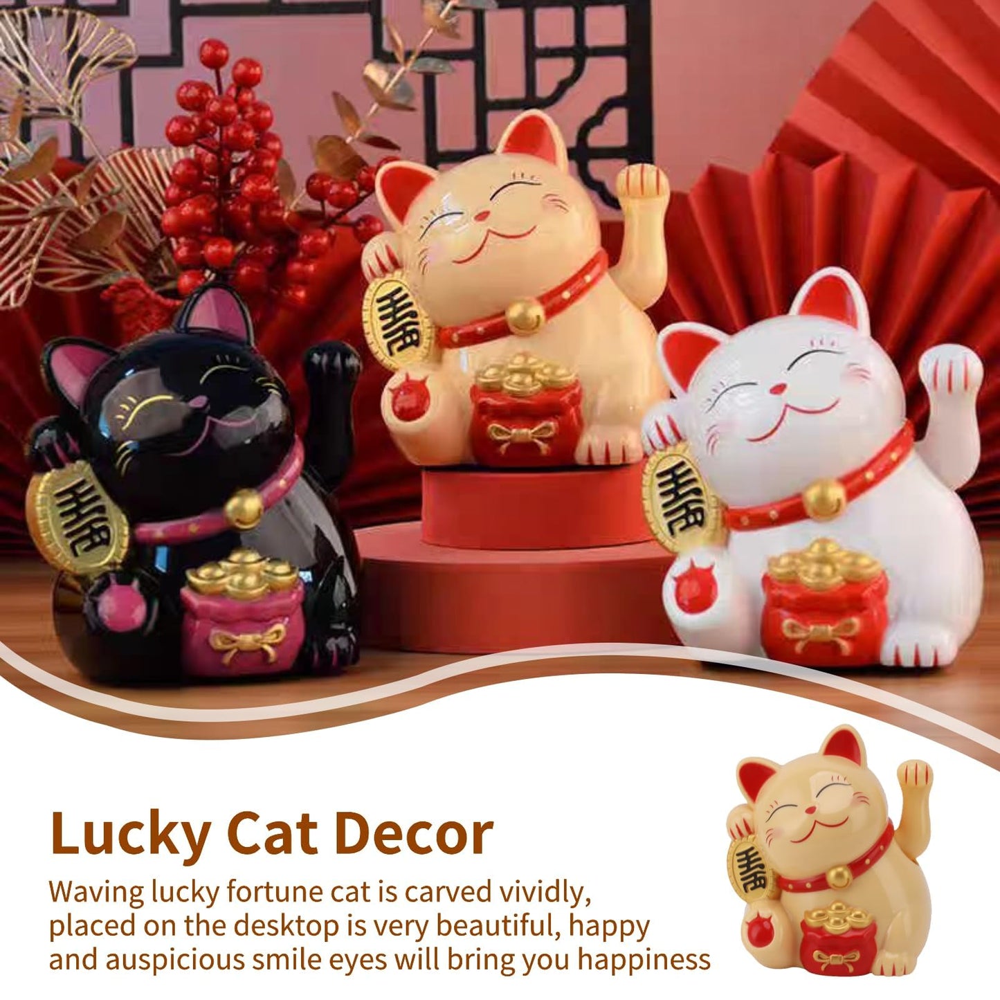 Jwthee Lucky Cat Waving Arm, 5.5in Electric Waving Lucky Fortune Cat Battery Operated Maneki Neko Chinese Waving Cat Cute Home Office Car Feng Shui Decor for Fortune Money and Good Luck