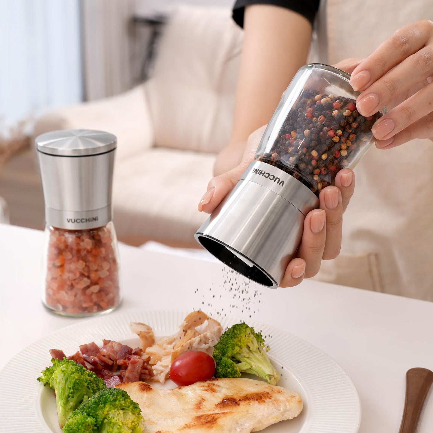 VUCCHINI Salt and Pepper Grinder Set - Adjustable Stainless Steel Spice Ceramic Grinders Mill Shaker for Kitchen Table - Stainless Steel color