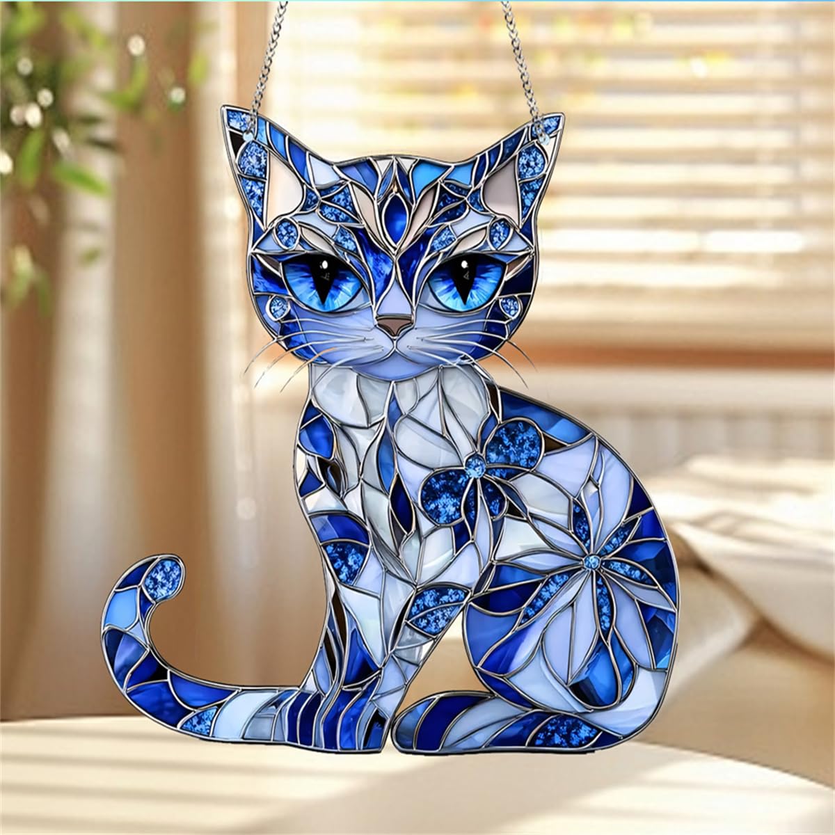 Cat Decor Stained Glass Window Hanging Suncatcher Gift for Mom Women，Blue Cat Suncatcher for Window，Cat Decor Wall Art for Kitchen Livingroom Office