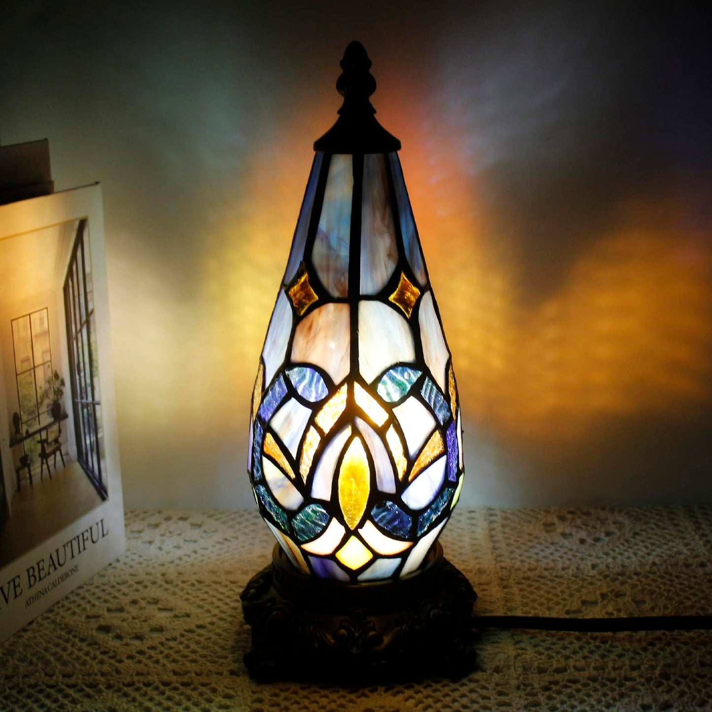 TCODTPOL Small Tiffany Lamp Stained Glass Table Lamp 5.5X11 Inch Christmas Tree Lighthouse Mini Accent Memory Sympathy Antique Night Light for Bedroom Living Room (Blue Purple)