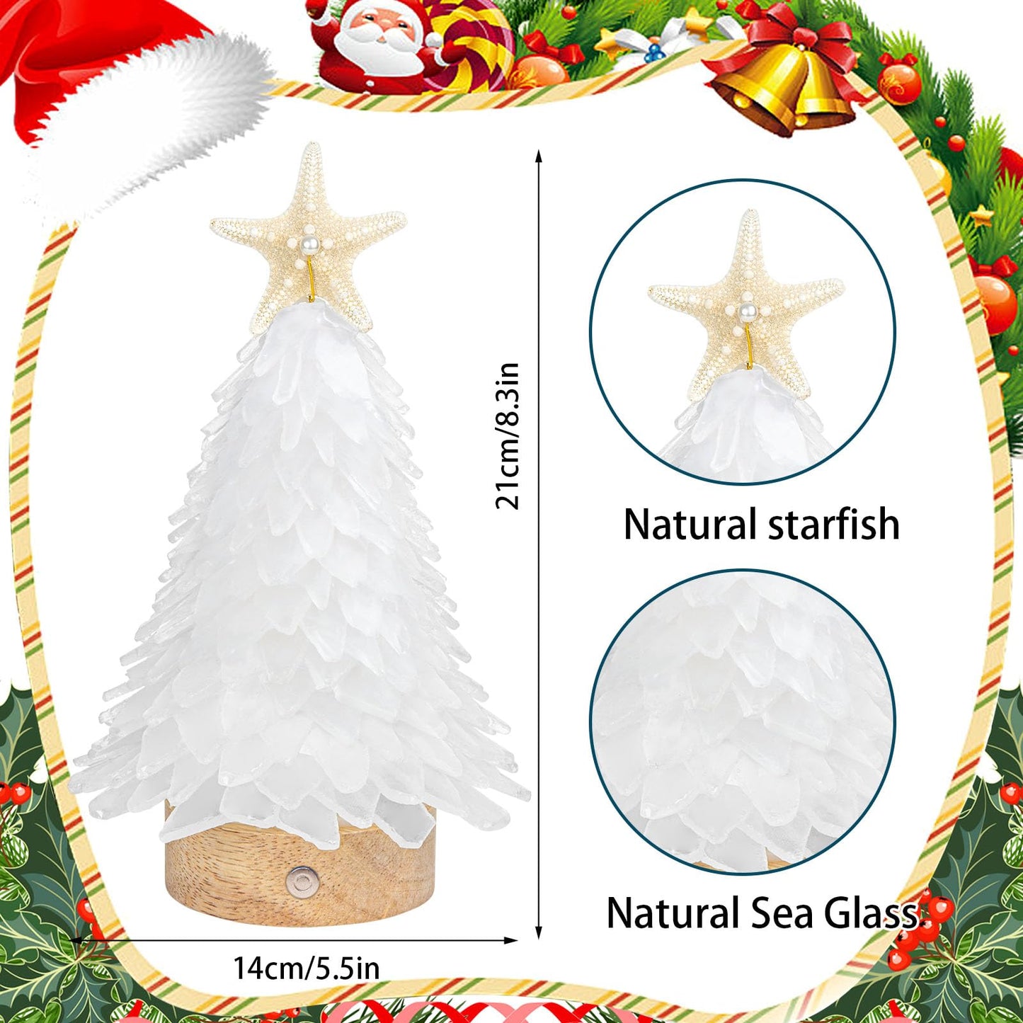 Sea Glass Christmas Tree, 8.5 Inches Mini Tree With Lights - Beach Nautical Themed Seaglass for Table Top, Indoor Decorations, White